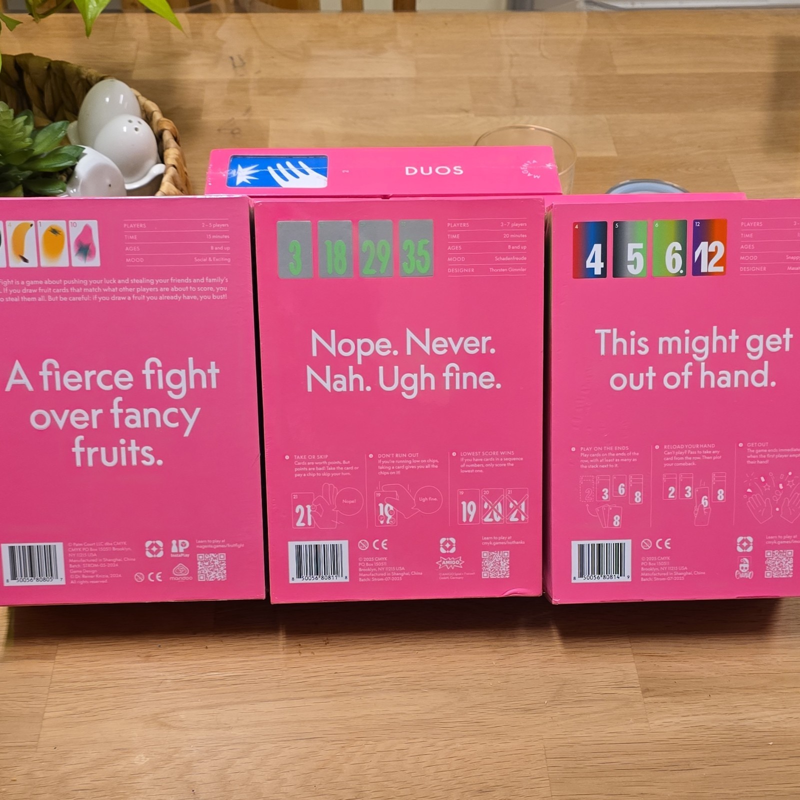 Magenta Card Game Set: Fives, Duos, Figment, Fruit Fight, No Thanks!, I’m Out