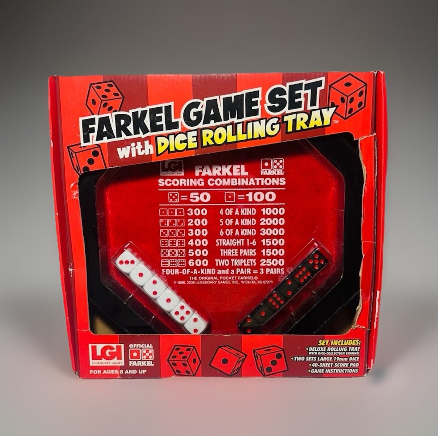 2006 Farkel Game Set with Deluxe Dice Rolling Tray, Built-in Dice-Collection NIB