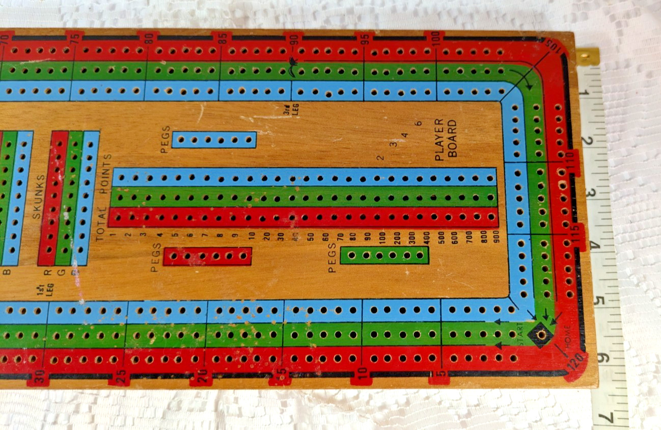 BIG Vtge Continuous Triple 3 Track Cribbage Board Wood 21 Pegs Crib Card Game