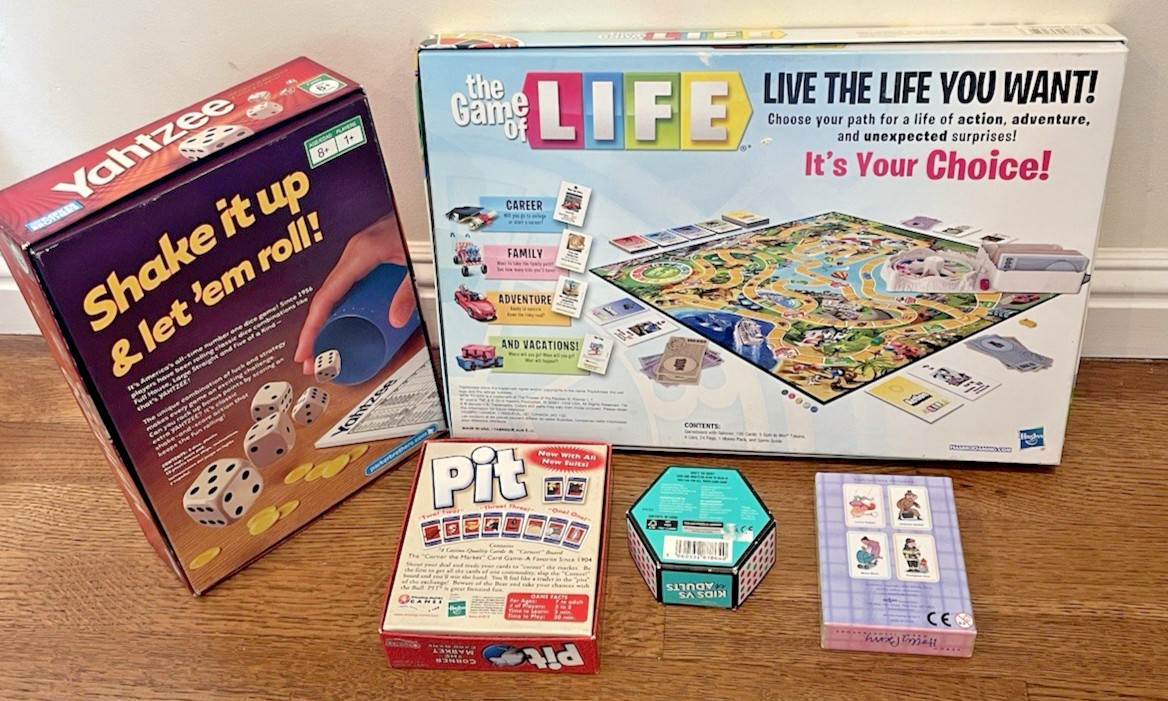Family Board & Card Game Lot of 5 – Life, Yahtzee, Pit, Old Maid, Kids vs Adults