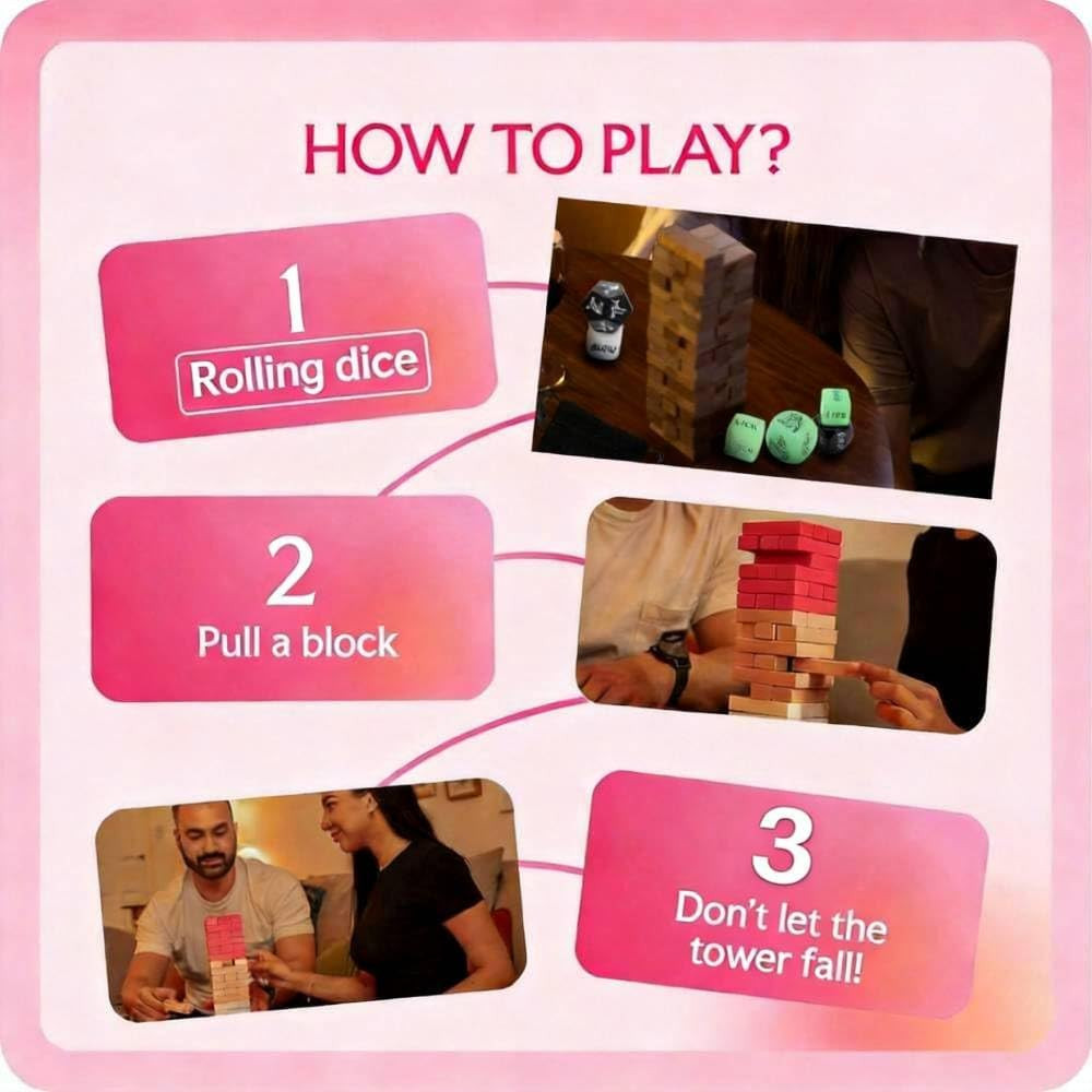 Couple Lust Tower Game – 48PCS Wooden Naughty Blocks & 8 Sex Dice Set (3 Glow in