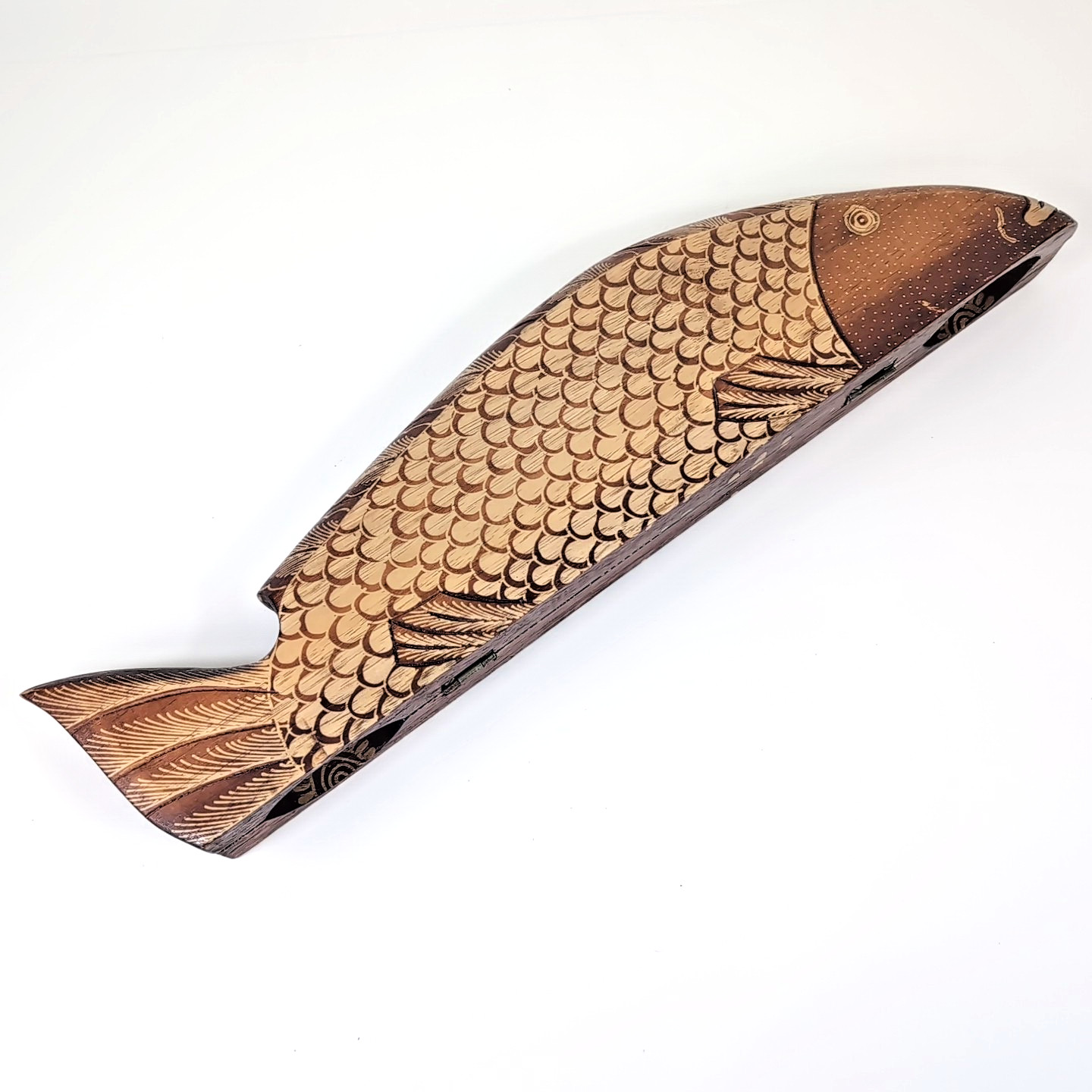 VTG Handmade Painted Fish Mancala Board Wood Shell Kalah Dakon Congklak Folk Art