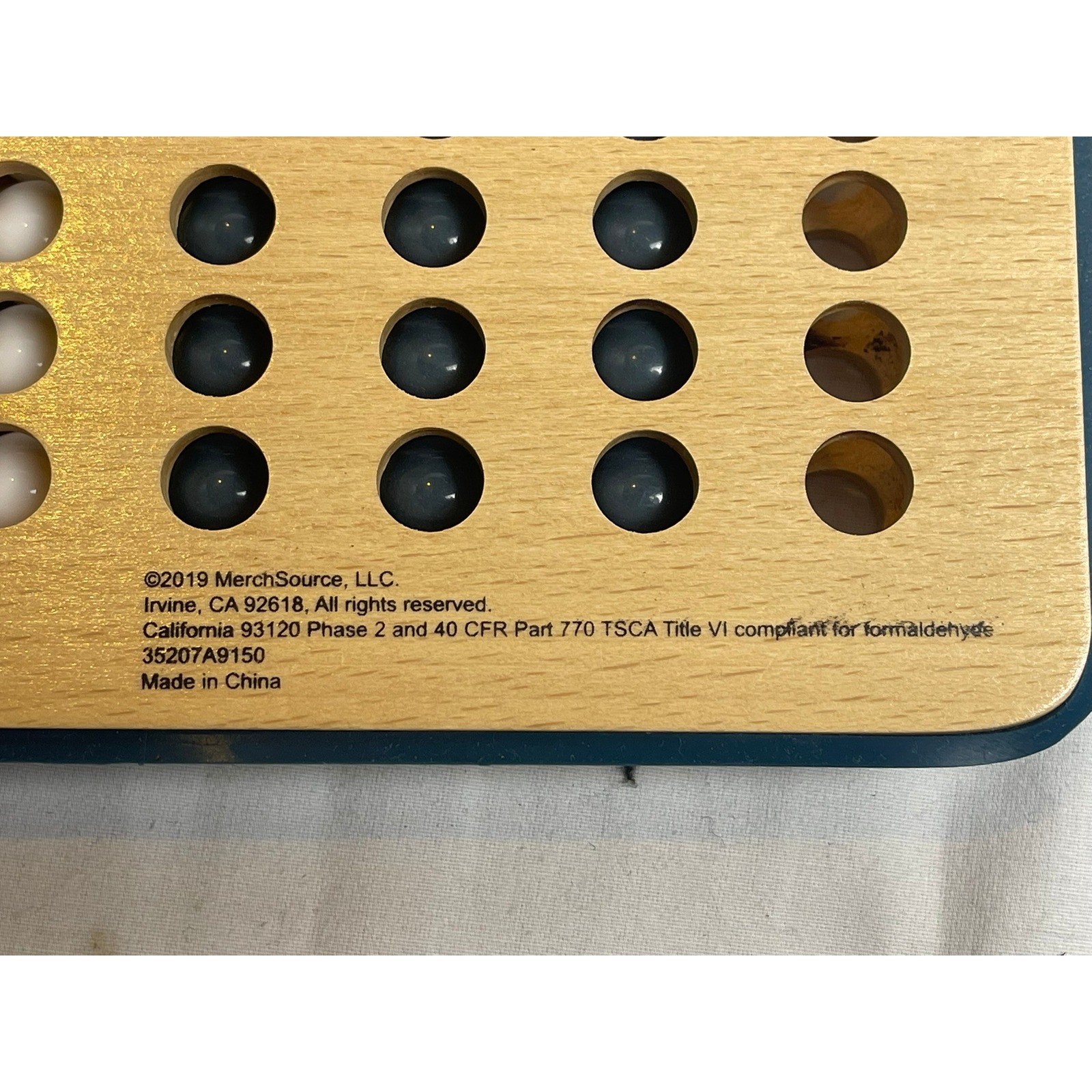 MerchSource Wooden Four In A Row Strategy Game Navy Blue Natural Wood Marbles