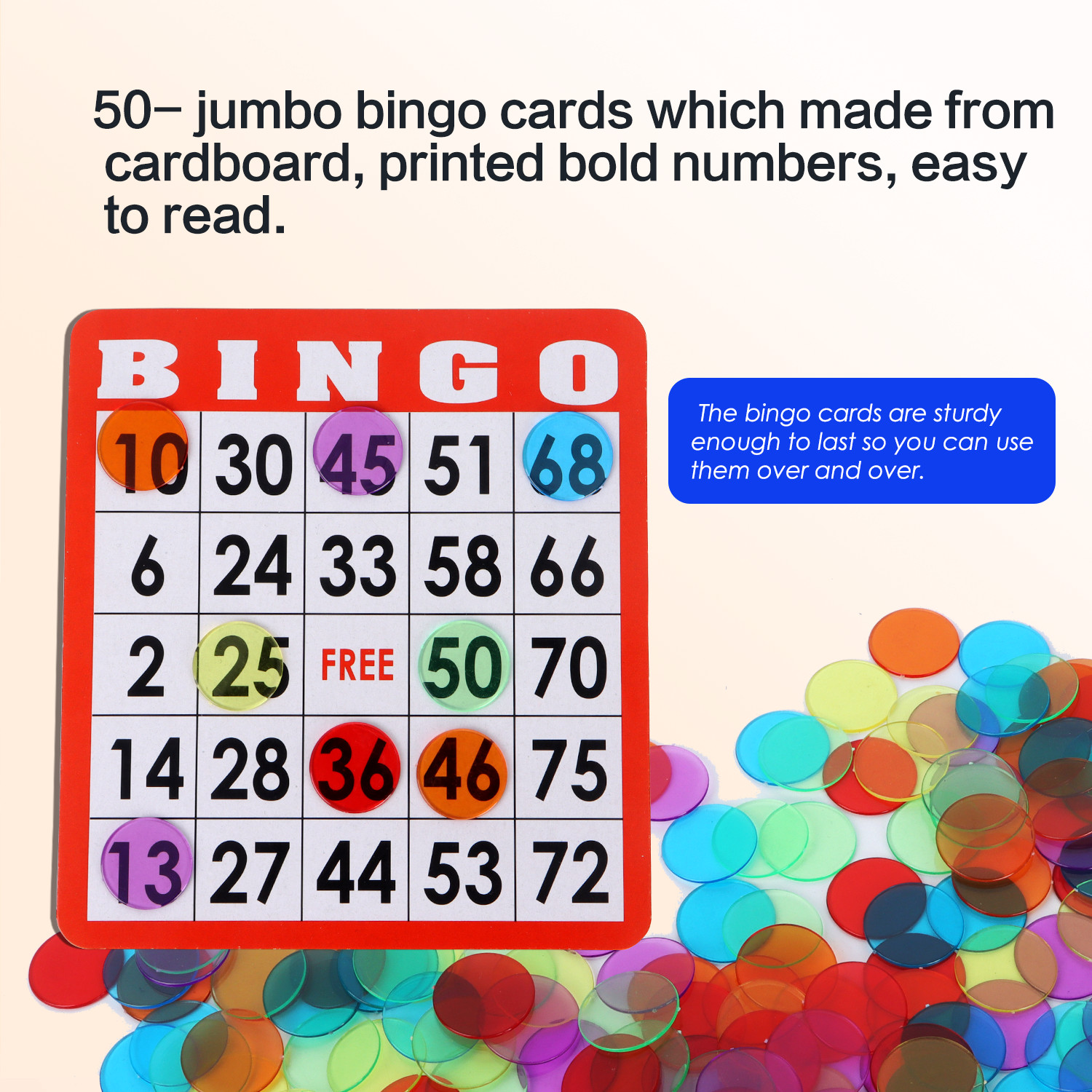 Bingo Game Complete Set w/50 Bingo Cards, 500 Bingo Chips/Bingo Calling Cards