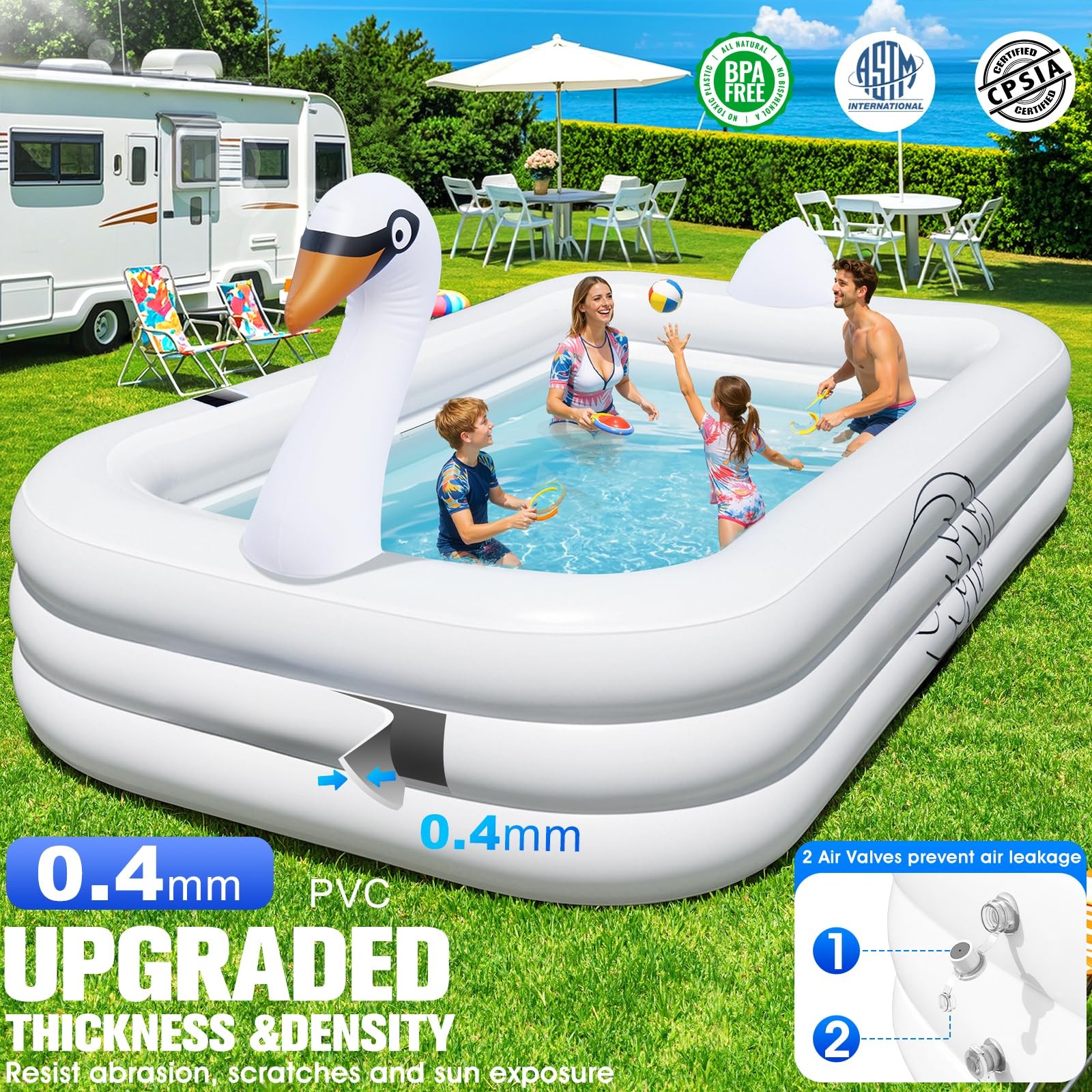 Inflatable Swimming Pool 100 x63 x20 Solar Lights Adults Kids White Blow Pools