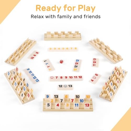 Rummy Cube 6 Player Game Set – 160 Large Number Tiles, Wooden Racks & Travel Cas