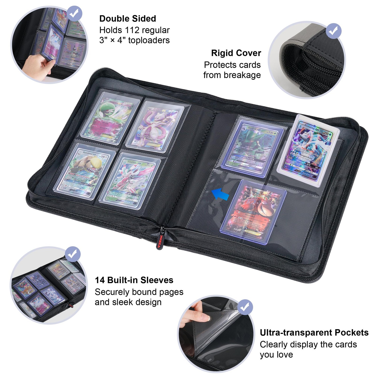 PREZA Toploader Binder – Holds 112 Top Loaders – 3 x 4 inches, Black – Small