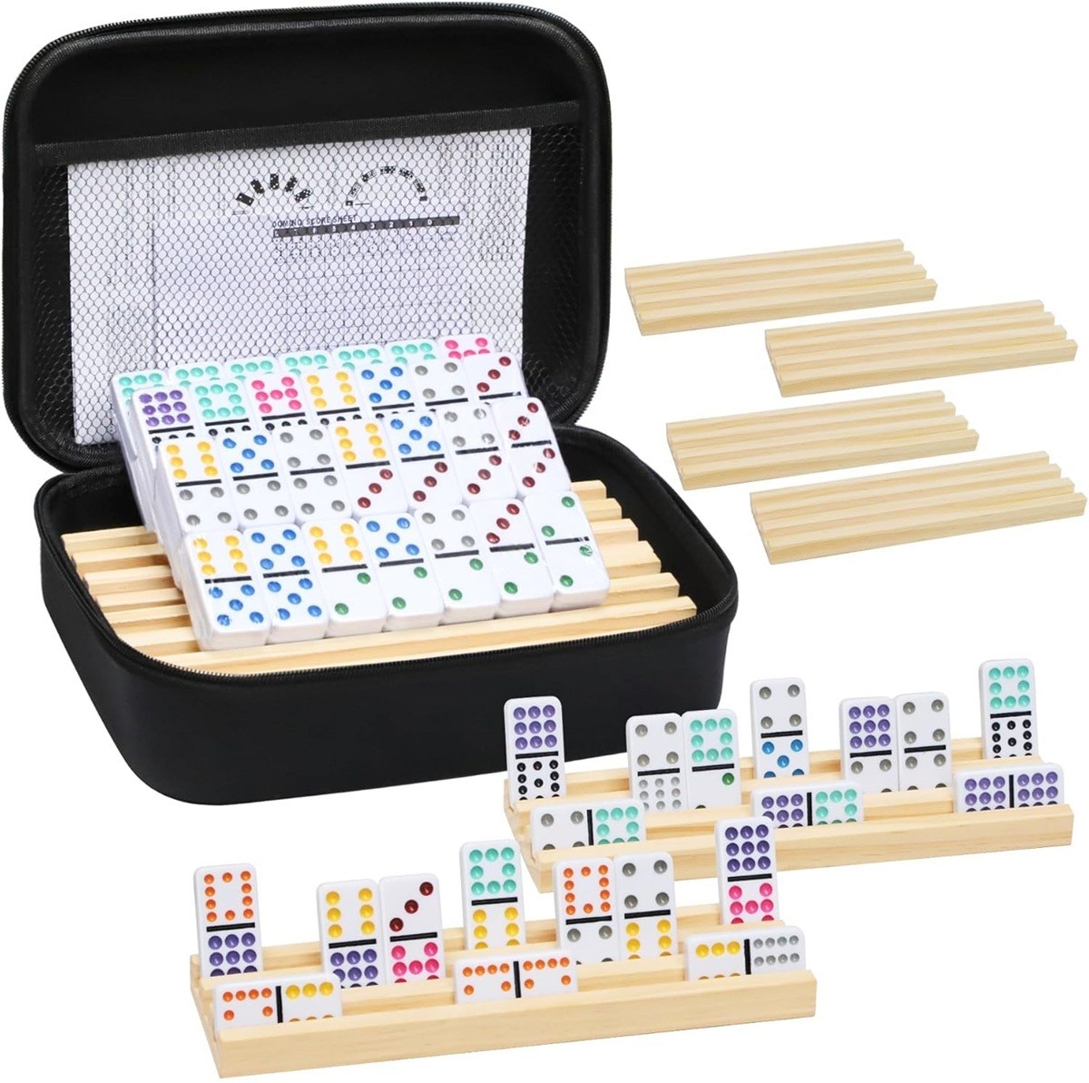 Mexican Train Dominoes Set, 8 Wooden Trays, Double 12 Dominos Travel 91 Tiles.