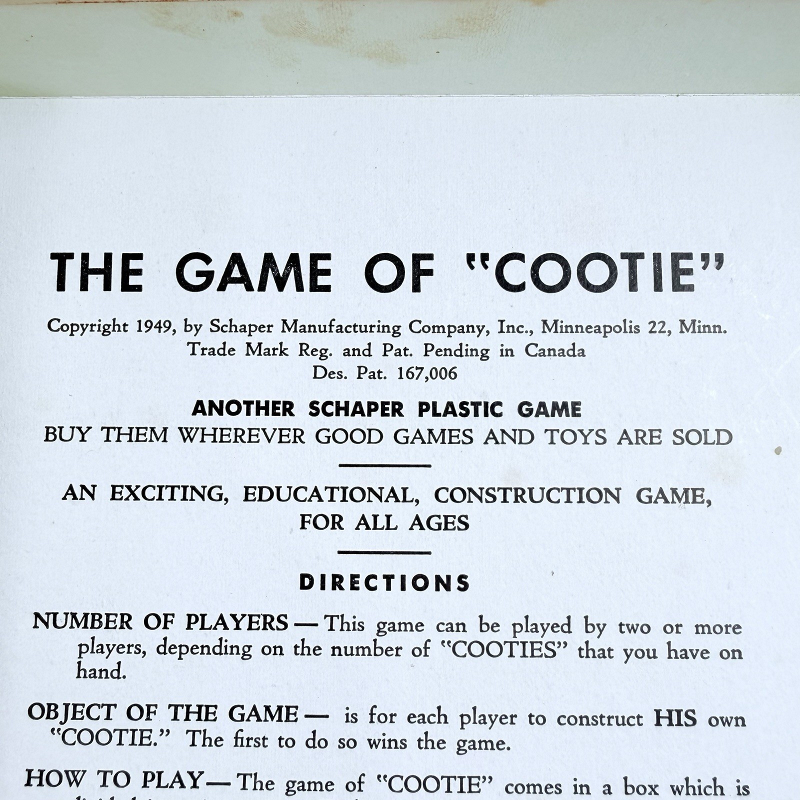 Vintage Schaper Manufacturing Co. 1949 The Game Of Deluxe 6 COOTIE Near Complete