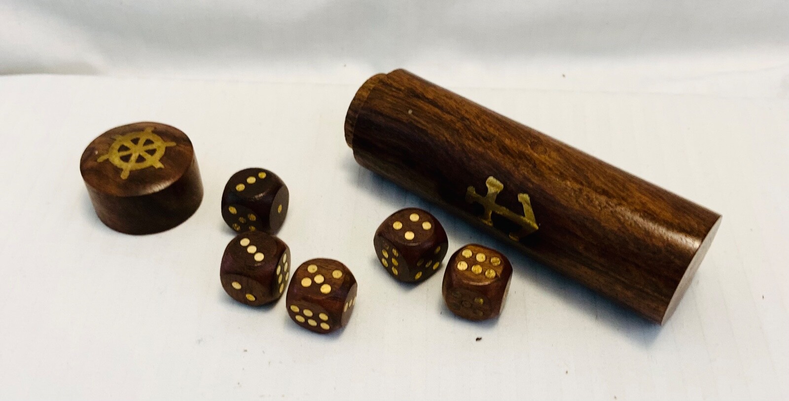 New Brass & Wood Inlaid Cylinder Set with 5 Brass Di Dice Gaming Take Along