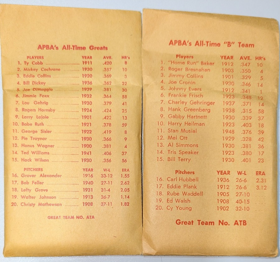 APBA Baseball All-Time Teams A & B