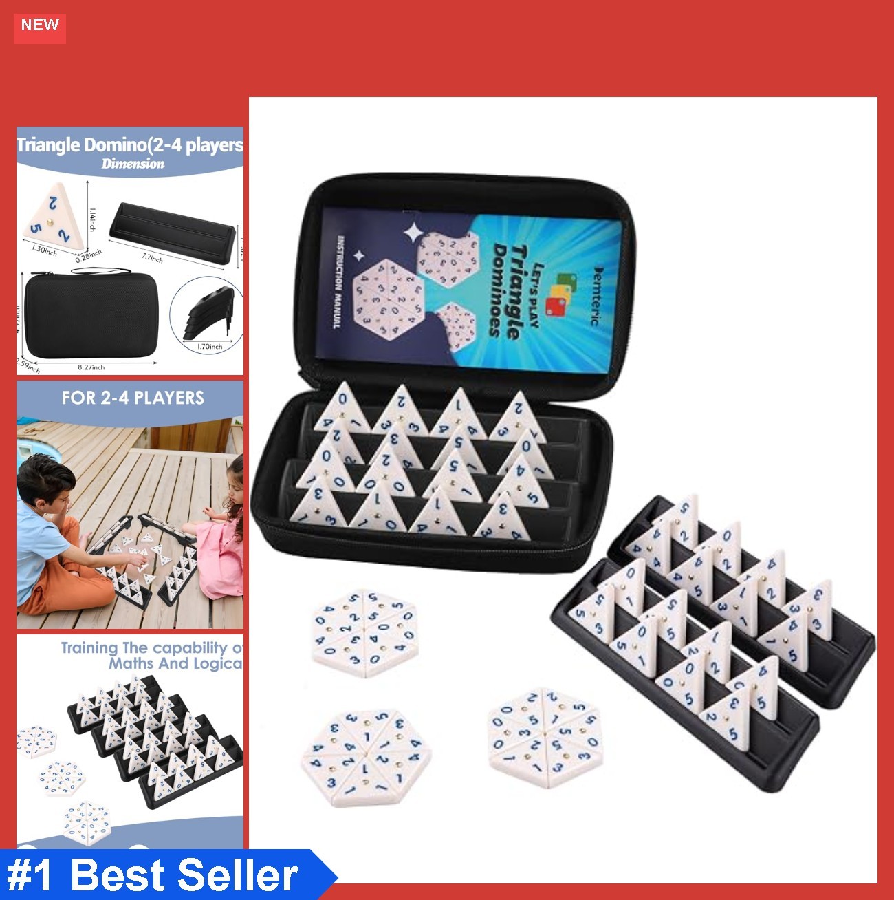 Triangle Domino Game Set 56 Tiles with 4 Holders Travel Case for Kids Adults