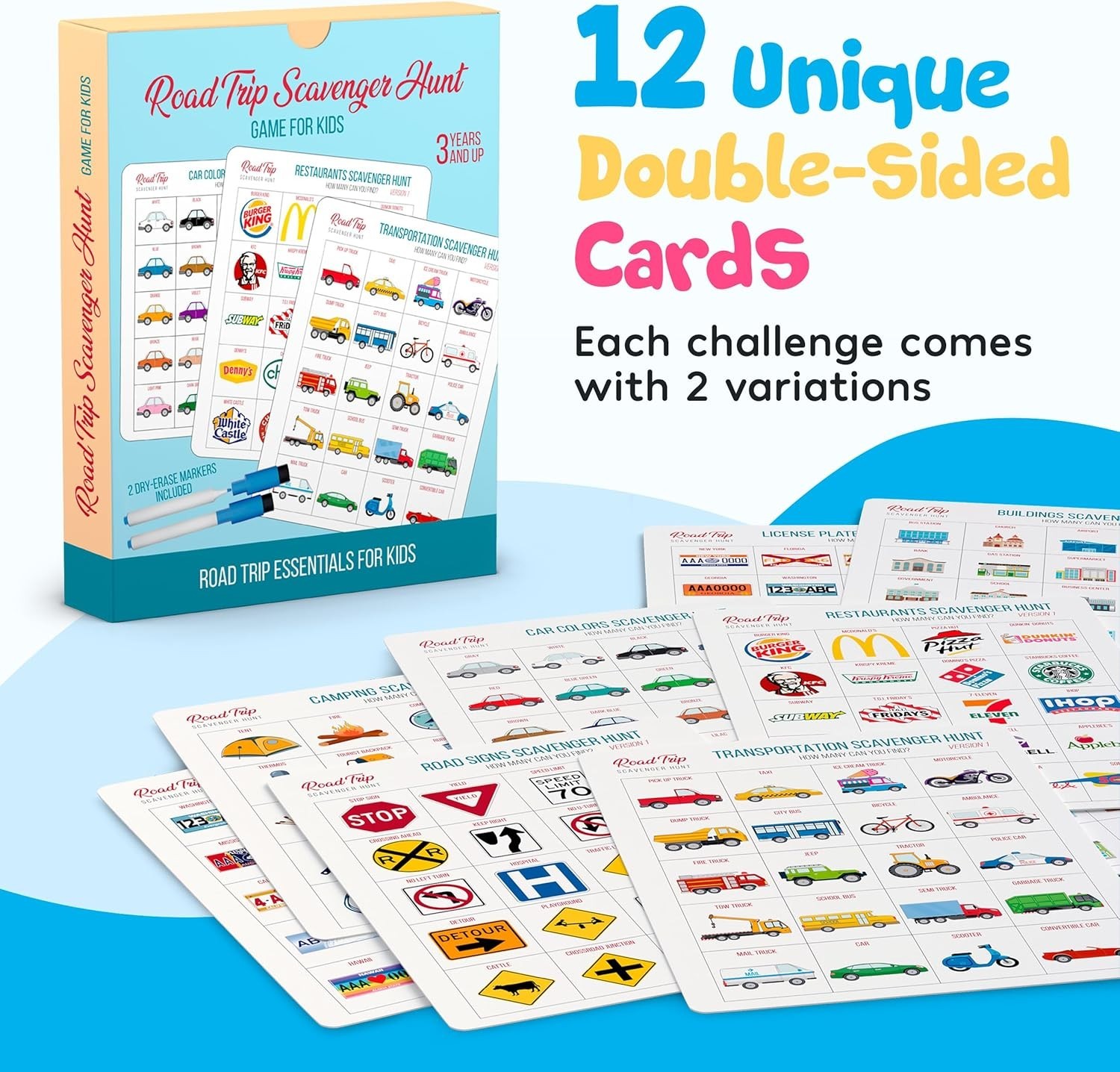 Interactive Car Bingo Game for Kids Ages 4-8: 12 Dry-Erase Cards Included