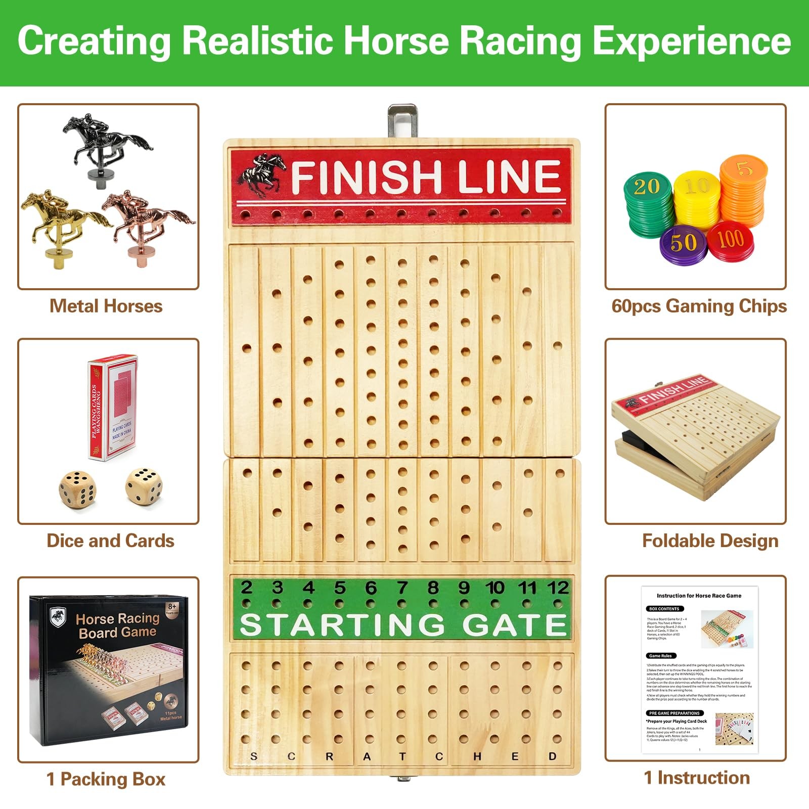 21 inches Horse Race Board Game Foldable Large Horse Racing Game for Adults w…