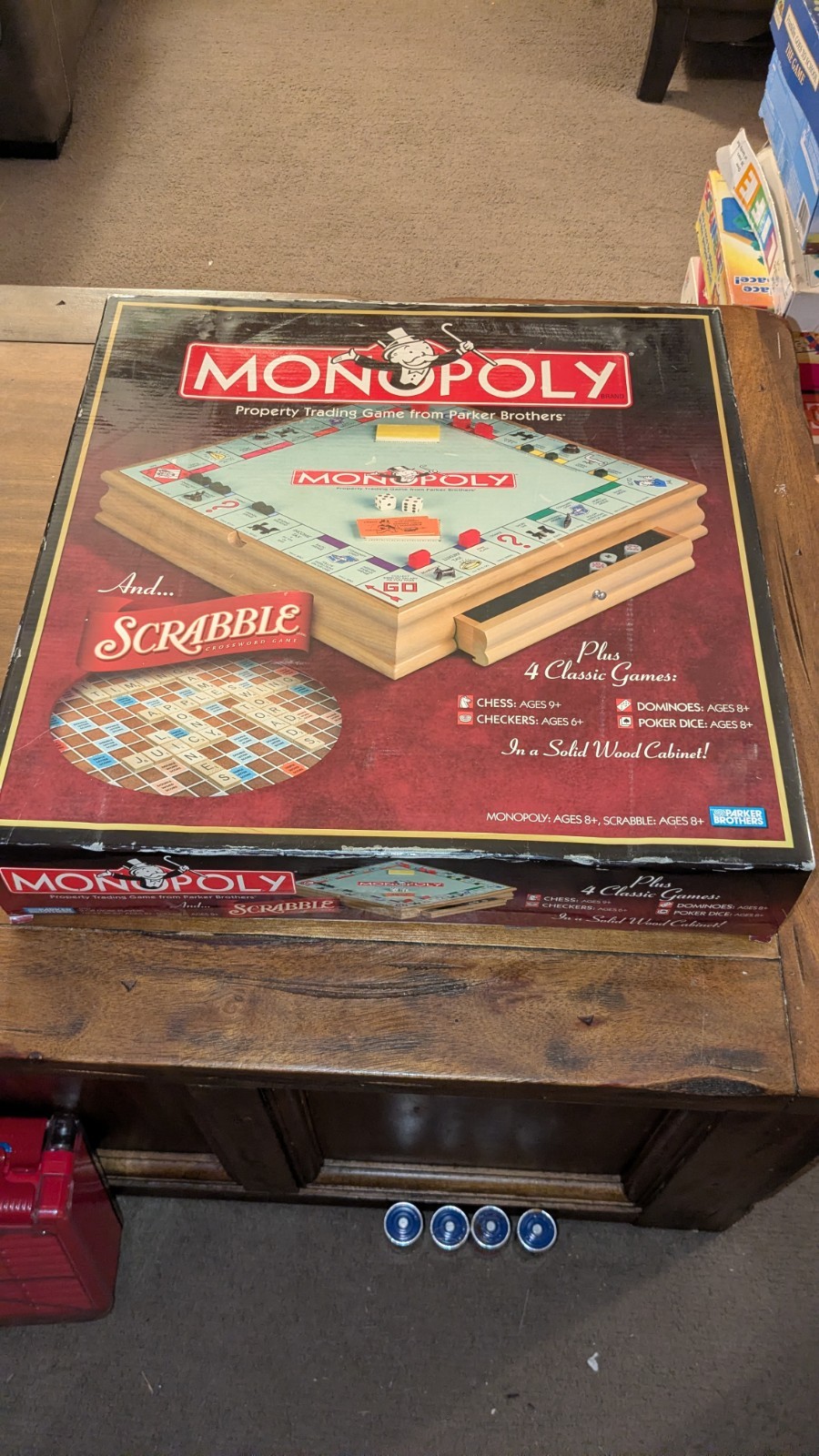 Monopoly Scrabble and 4 Classic Games Solid Wood Cabinet 2007 Parker Brothers