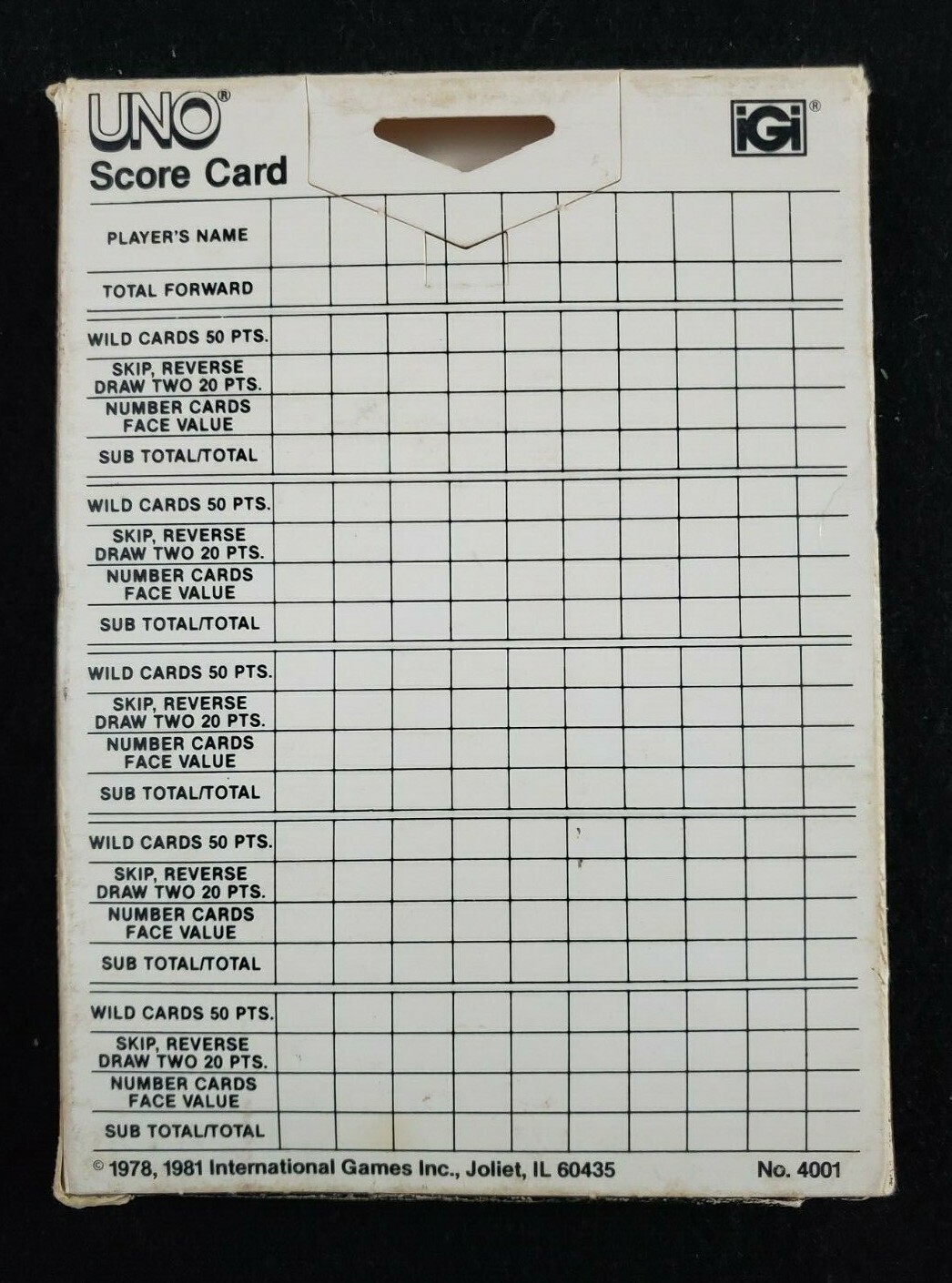VINTAGE UNO SCORE PAD Replacement Part #4001 1978-1981 International Games