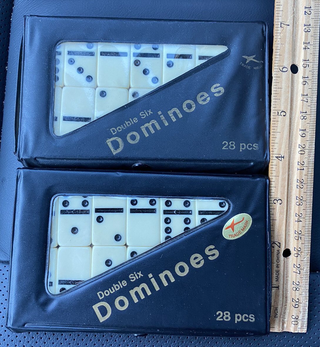 Set of 2 – Trade Mark Double Six Dominoes Set of 28 w/ Black Storage Case – Vtg