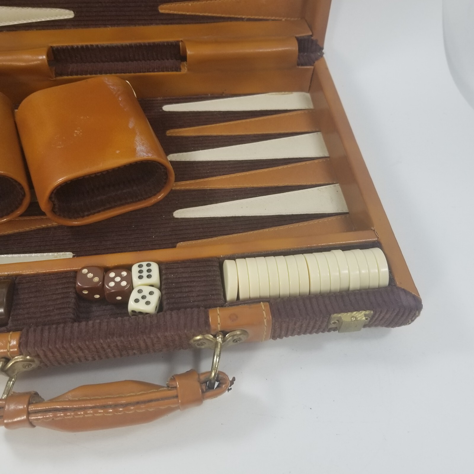 Vintage Leather Corduroy Bakelite Pieces Travel Backgammon Box Set Dice