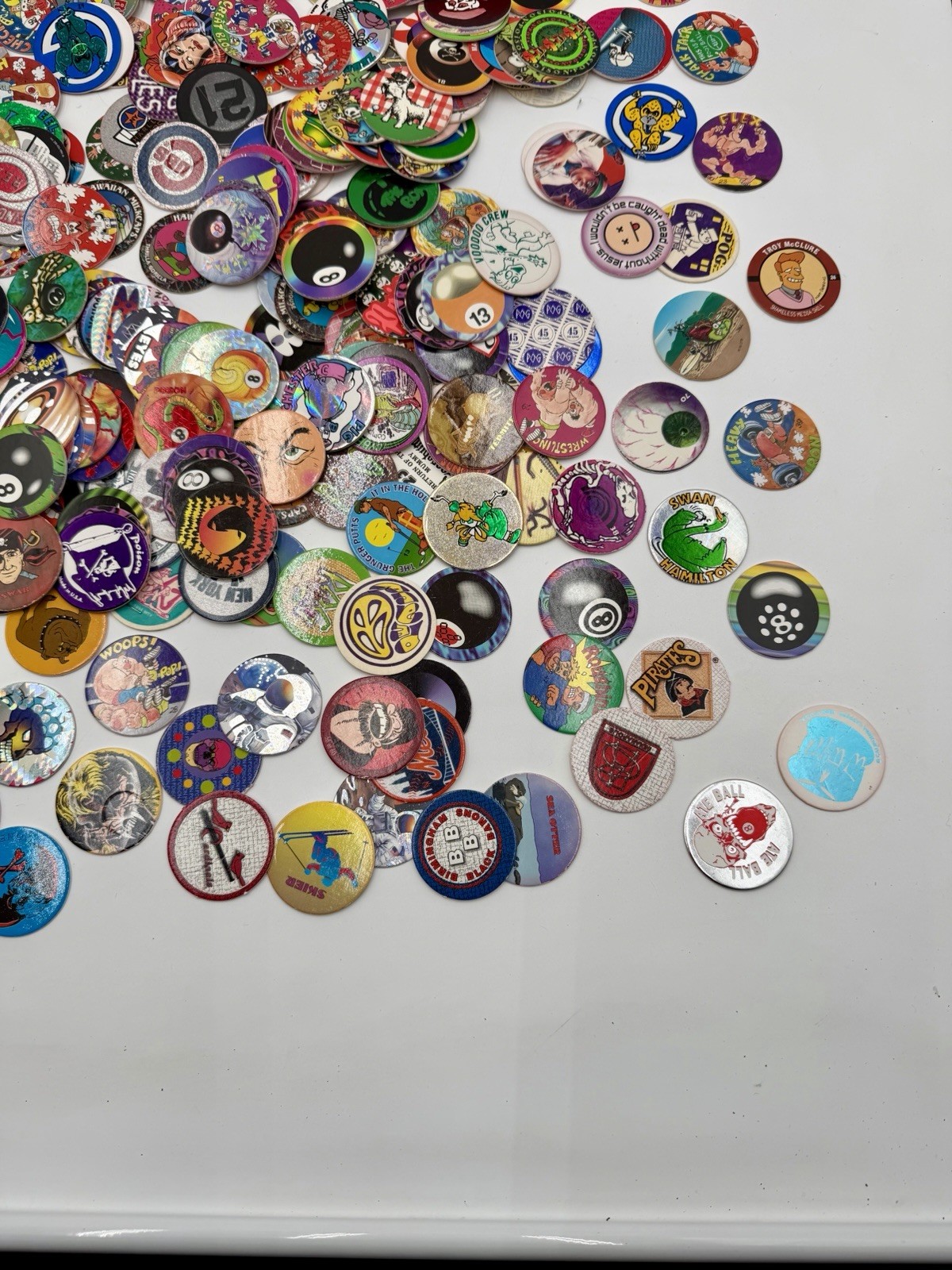 Huge Lot Of 350+ Pogs Milk Caps 1990’s Nostalgic Collectible W Storage Tube