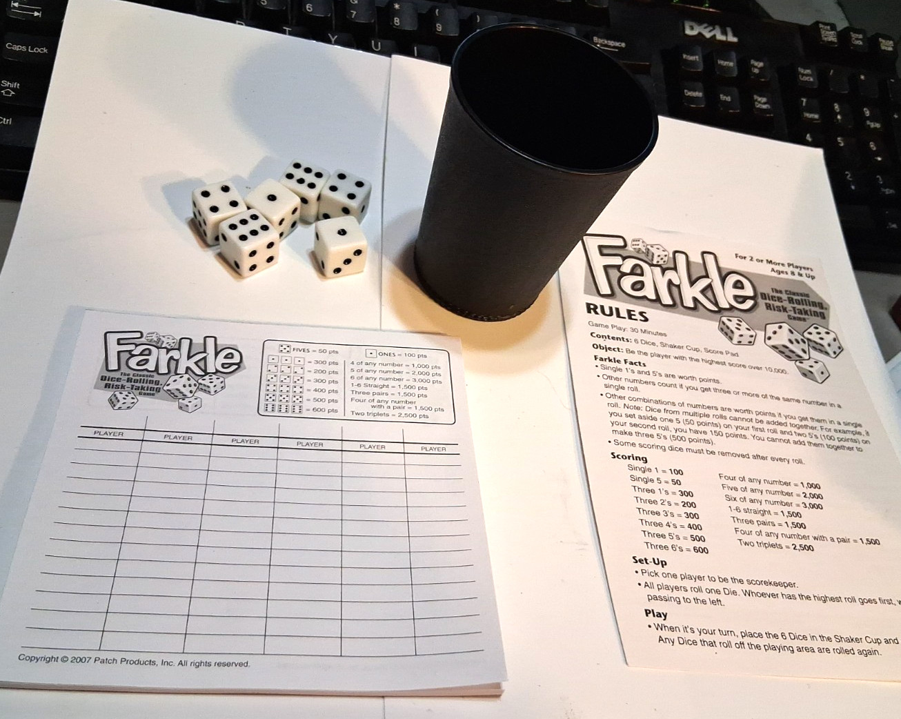 Farkel Game by Patch Complete Boxed Game 6 Dice Cup Score Sheets Instructions