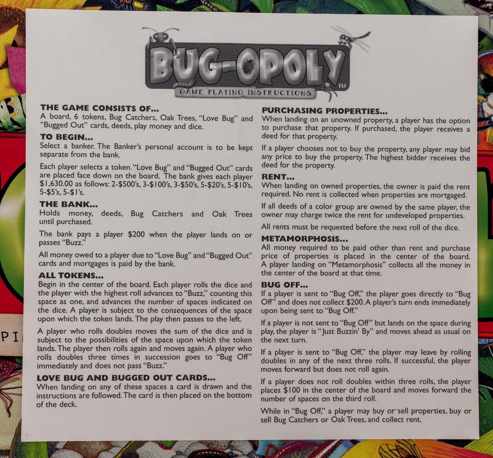 Bug-opoly Late for the Sky Bug Monopoly Unplayed Some Parts Sealed Complete