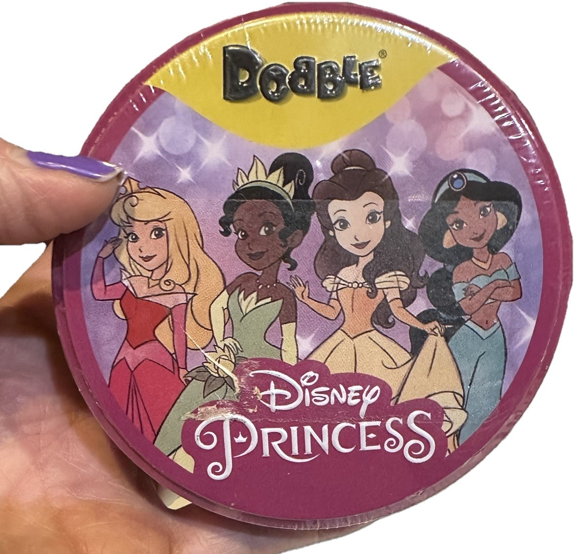 DISNEY PRINCESS DOBBLE SPOT IT ROUND CARD GAME TRAVEL BELLE JASMINE TIANA AURORA