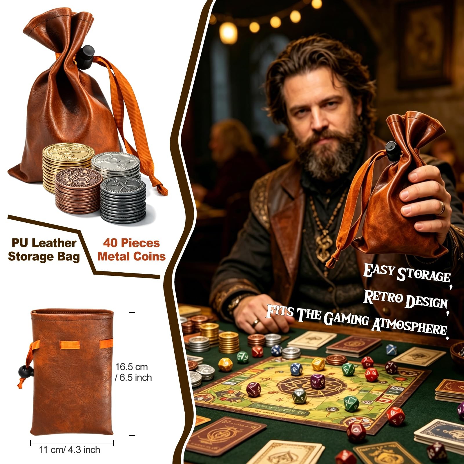 Metal Coin Set with Leather Organizer for Board Games, Dragons and Dungeons, …