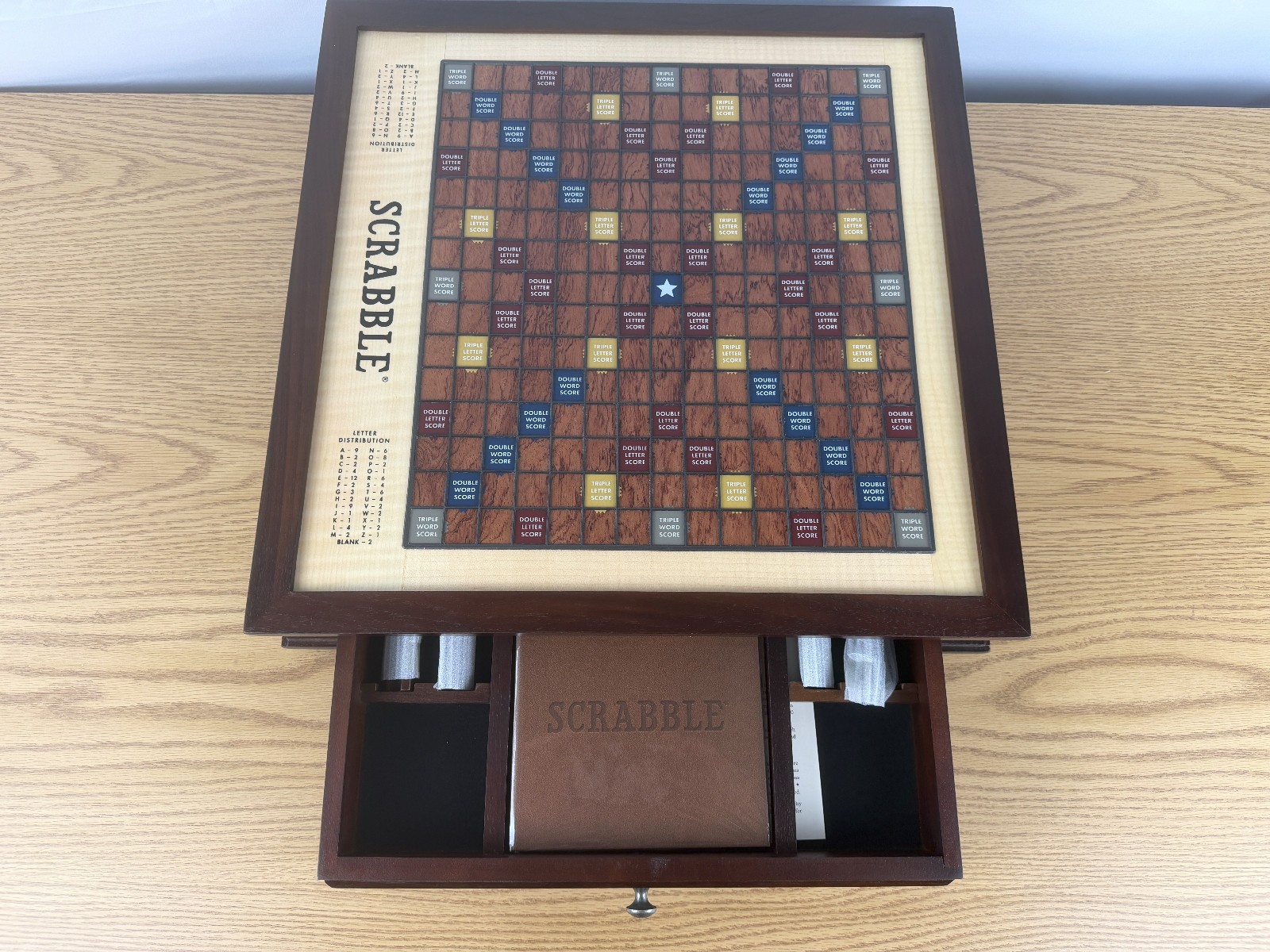 Scrabble Heirloom Edition with Rotating Solid Walnut Cabinet Turntable Open Box
