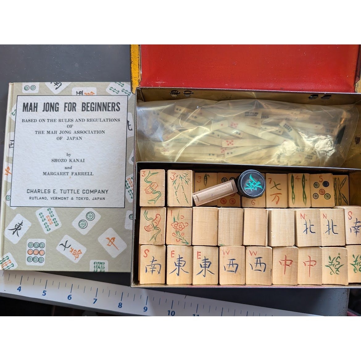 Antique 20s Admiral Mahjong Set Bone Bamboo Tiles Sticks Tin Box Hand Carved