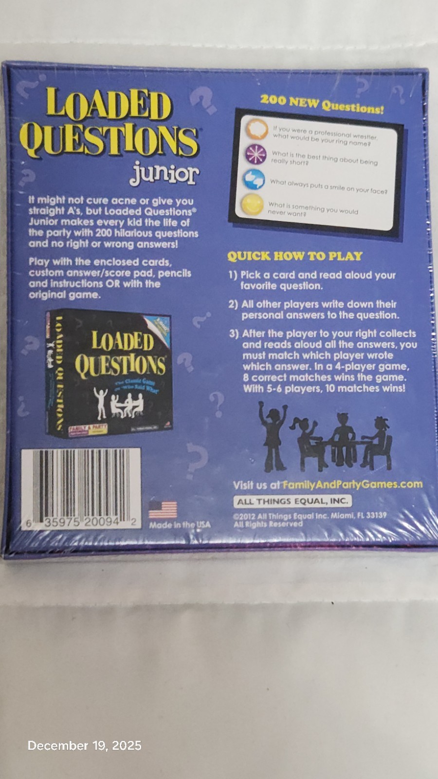 LOADED QUESTIONS JUNIOR GAME, Ages 6+, 4-6 Players New, Sealed Never Opened.
