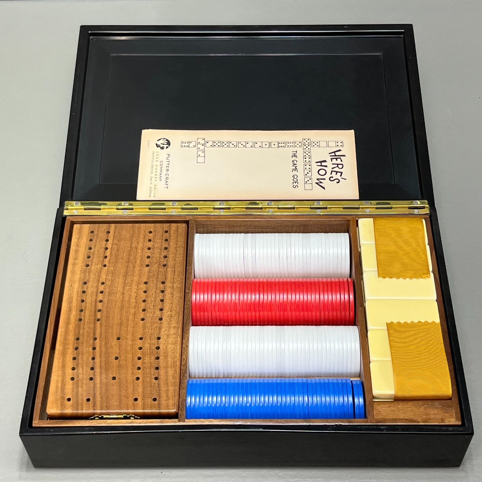 Vintage Couroc of Monterey Western Inlay Poker Chip & Cribbage Game Box Complete