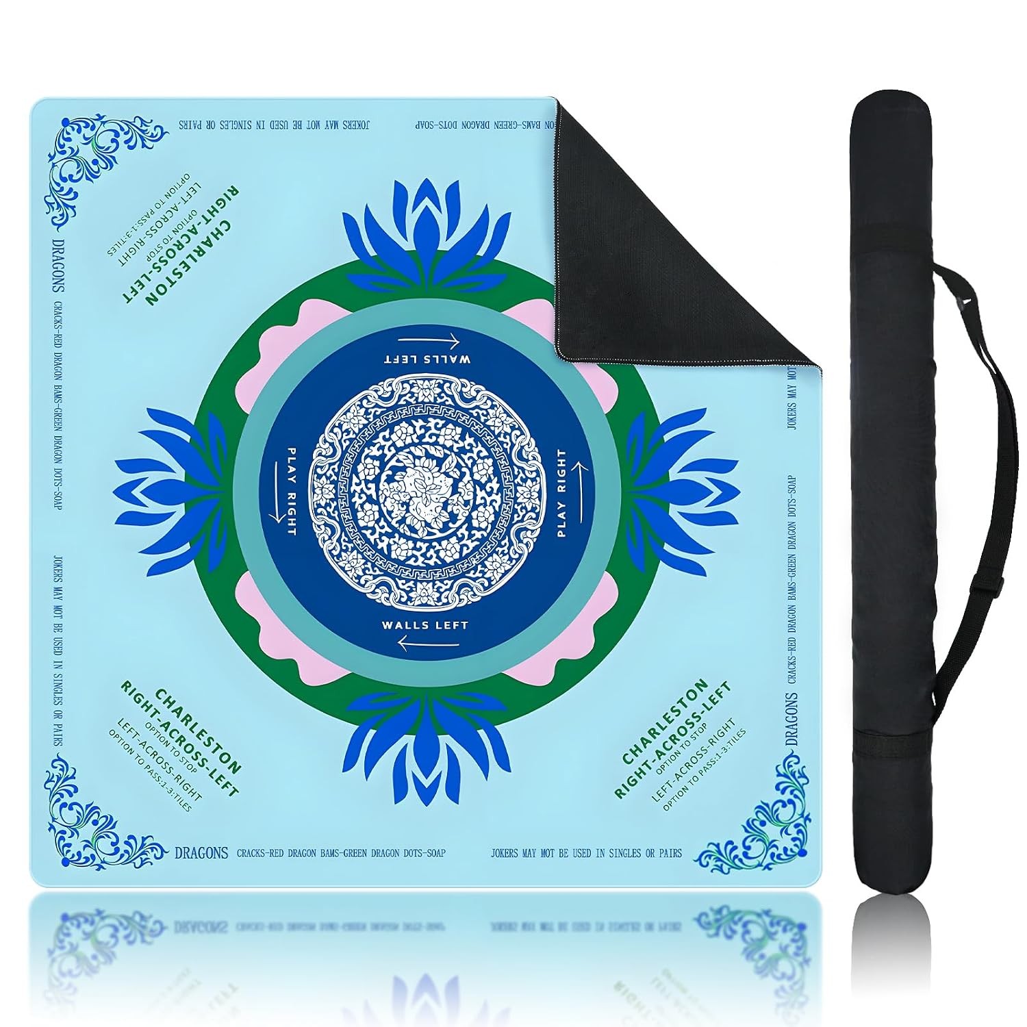 Blue Mahjong Mat for Table, American Mahjong Mat with Printed Rules, 31.5″ x 31.