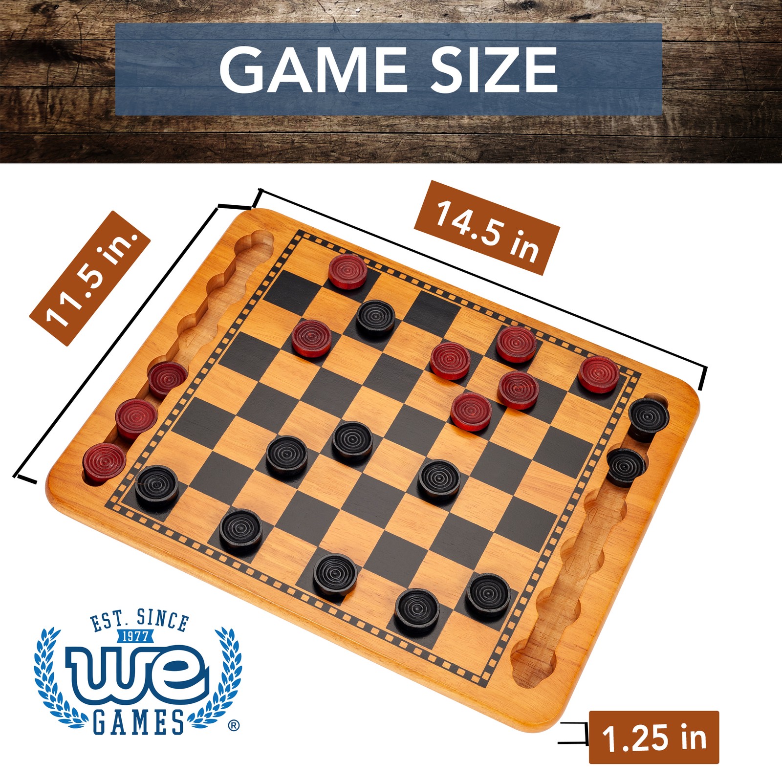 WE Games Traditional Red & Black Checkers Set, Solid Wood Board with Grooves