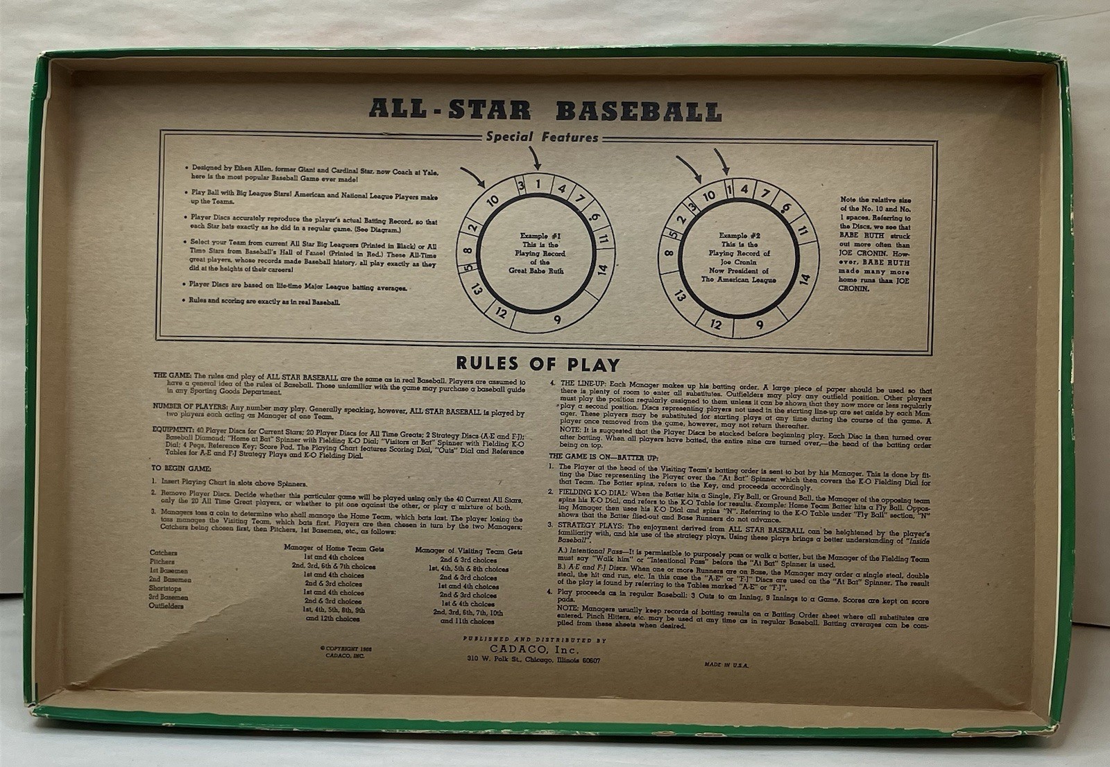 CADACO ALL STAR BASEBALL GAME 1966 w/ 63 Discs Pegs And Scorecards 100% Complete