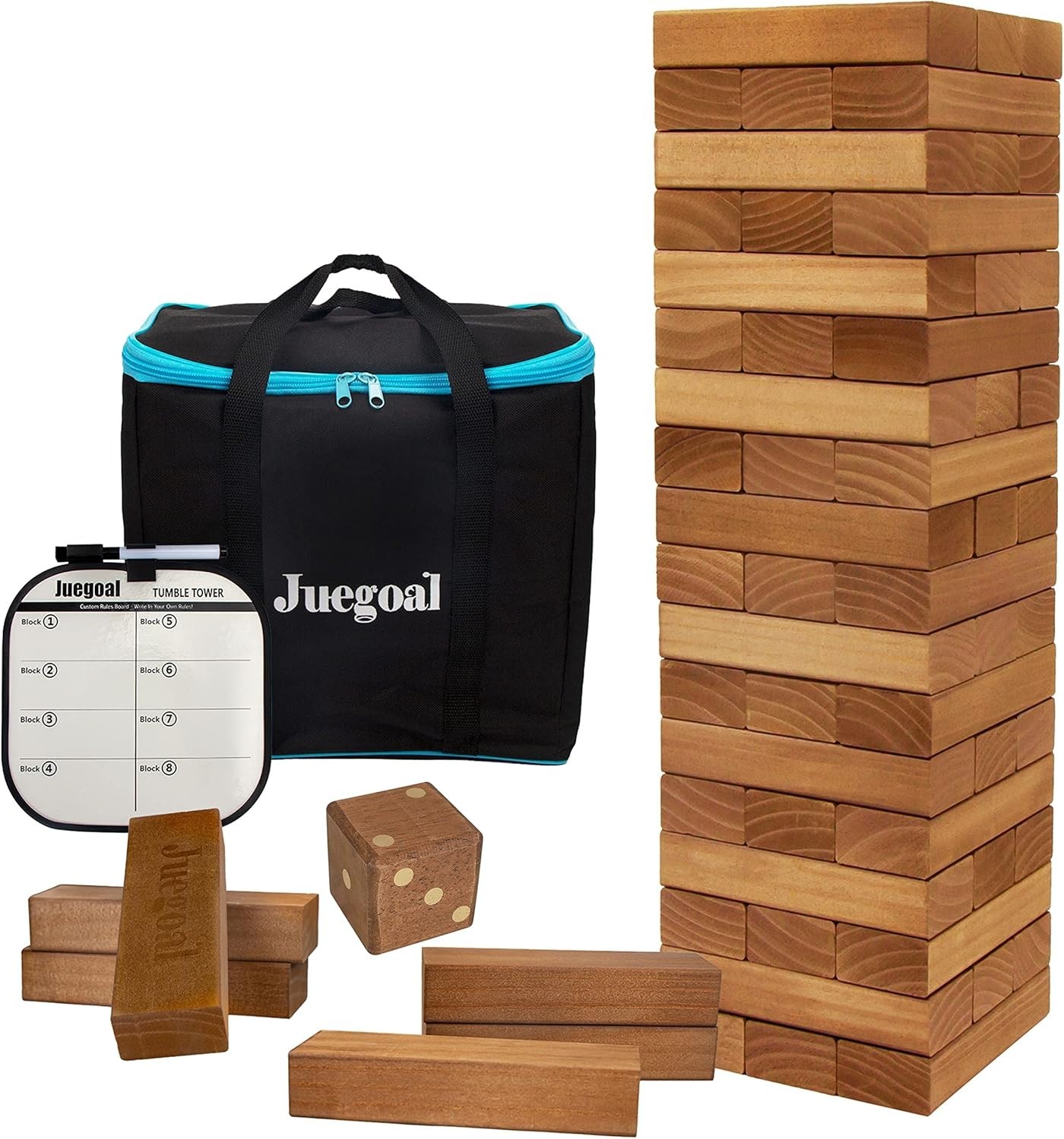 Giant Wooden Tumble Tower Game Set 54 Pieces with Dice & Bag for All Ages