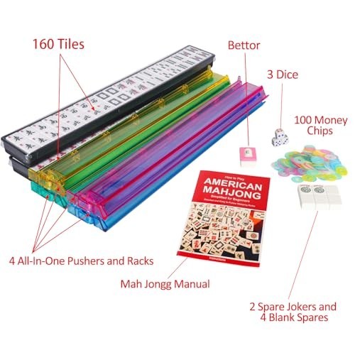 Mahjong Set with Blue Carrying Bag, 166 White Tiles, 4 Racks & Pushers, Game Set