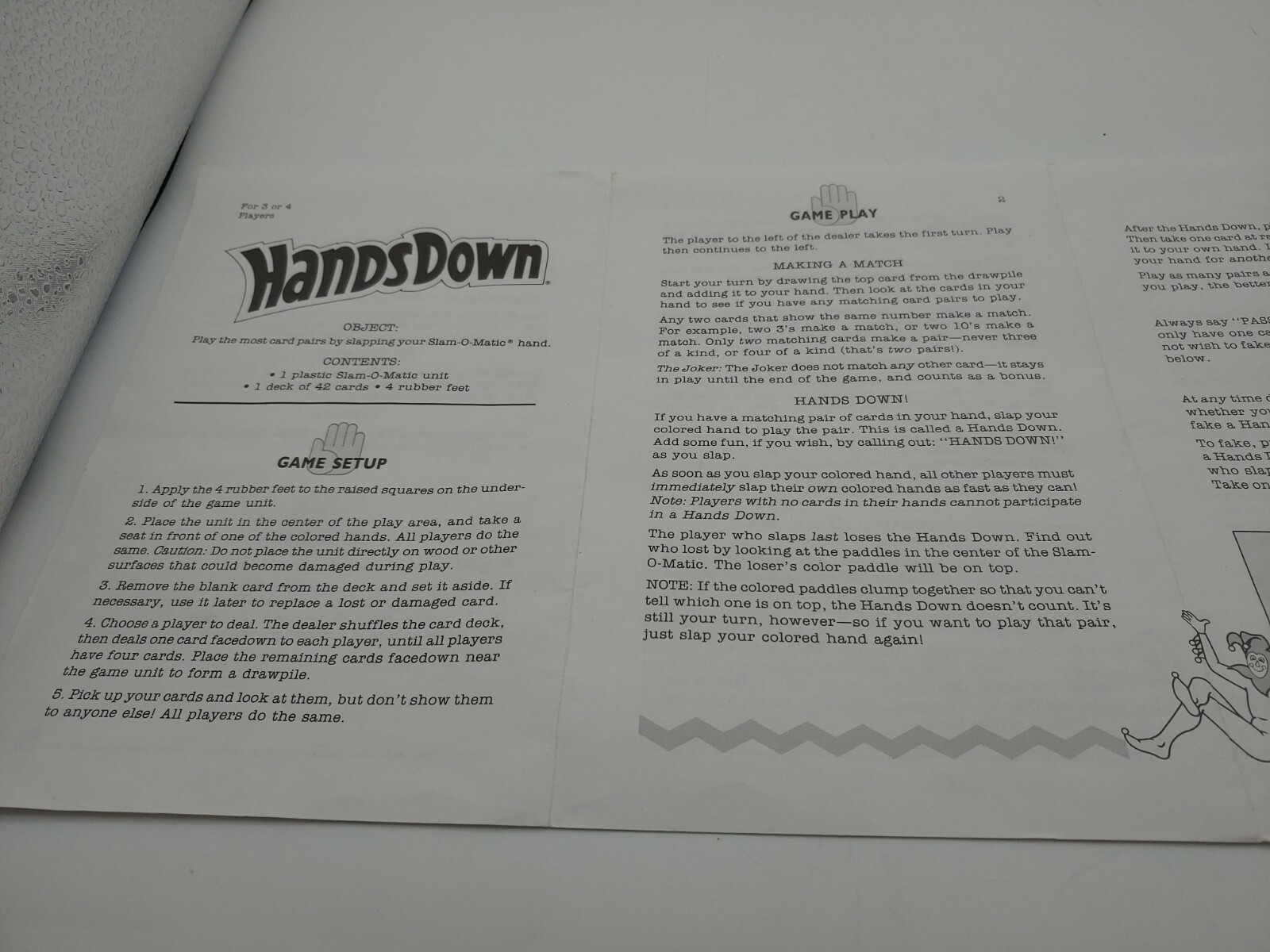 1990 Hands Down Board Game Replacement Instruction Manual Rules Only