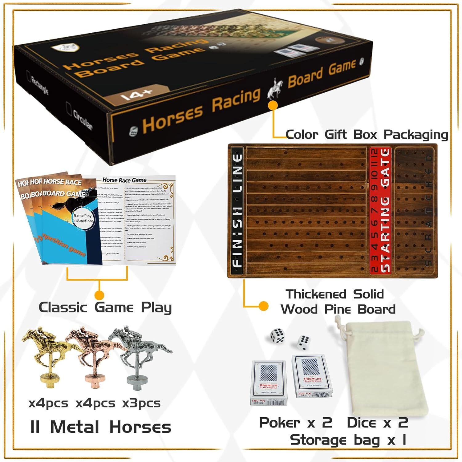 Horse Race Board Game, Thickened Solid Wood with 11 Durable Classic Metal Horses