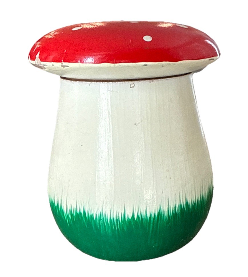Vintage Wooden Mushroom Container with Tiddlywinks Game Inside.