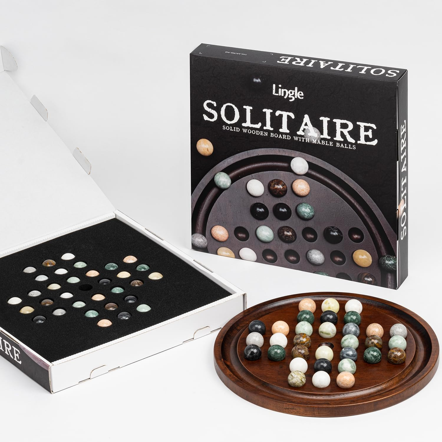Deluxe Solitaire Game Set: 12.6” Solid Wooden Board, 32 Natural Marble Balls,