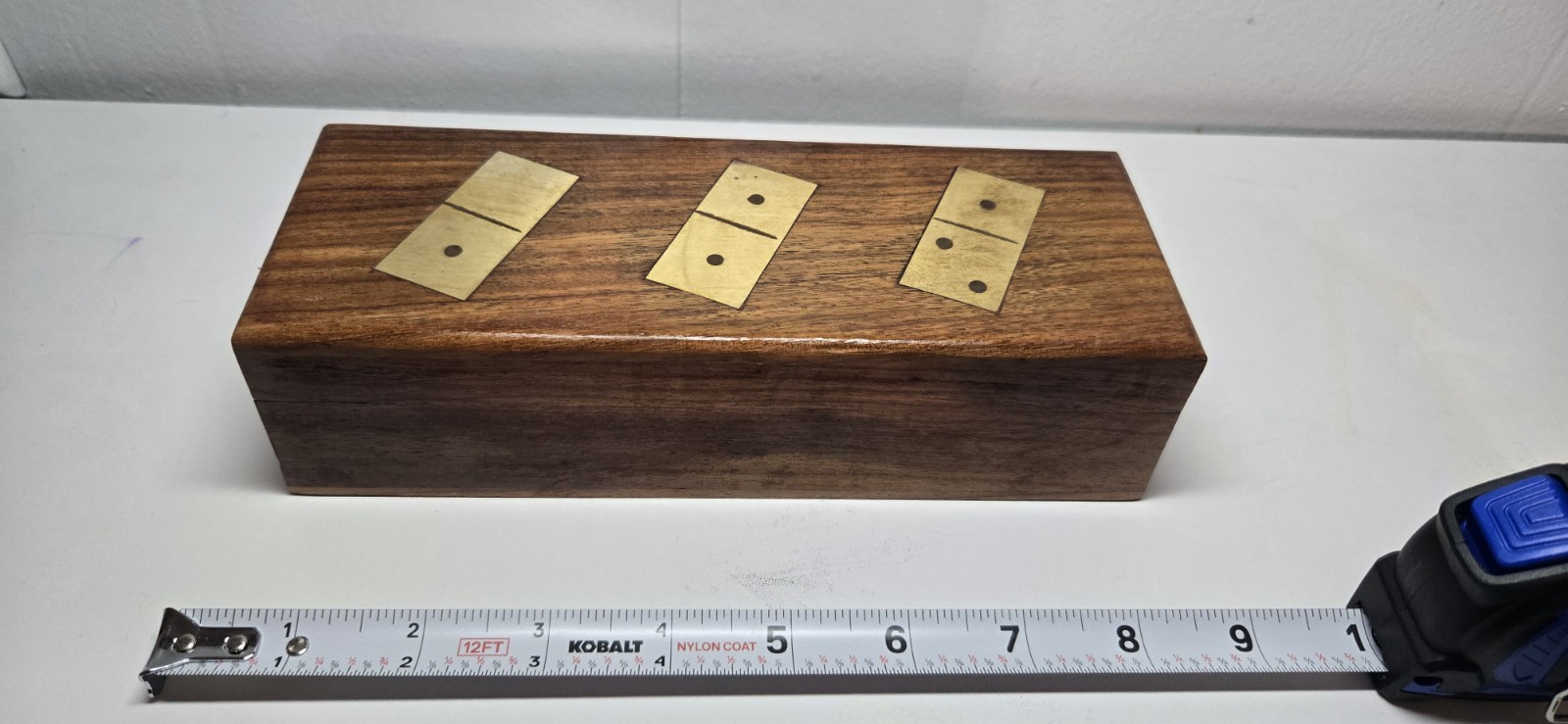 Double Six Wood Dominoes Set w Brass Inlays in Wooden Case – Vintage