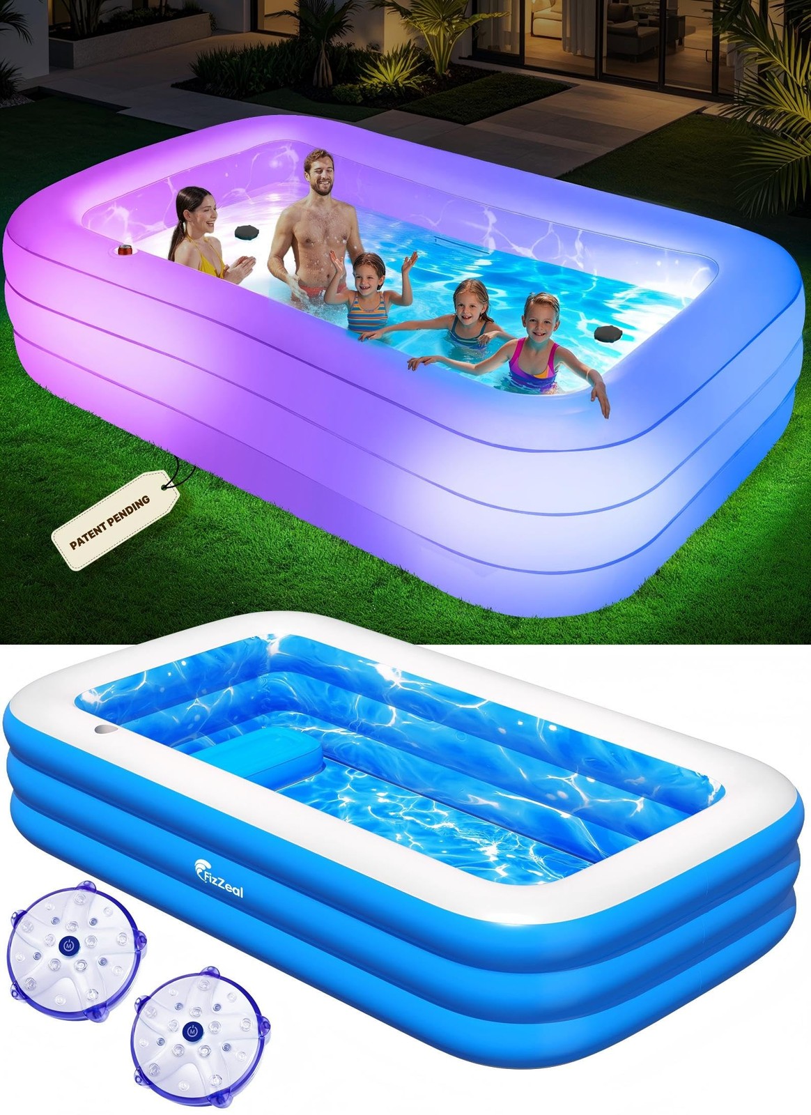 Inflatable Pool 110 x 63 20 Lights Seat Family Backyard White Durable Thickened