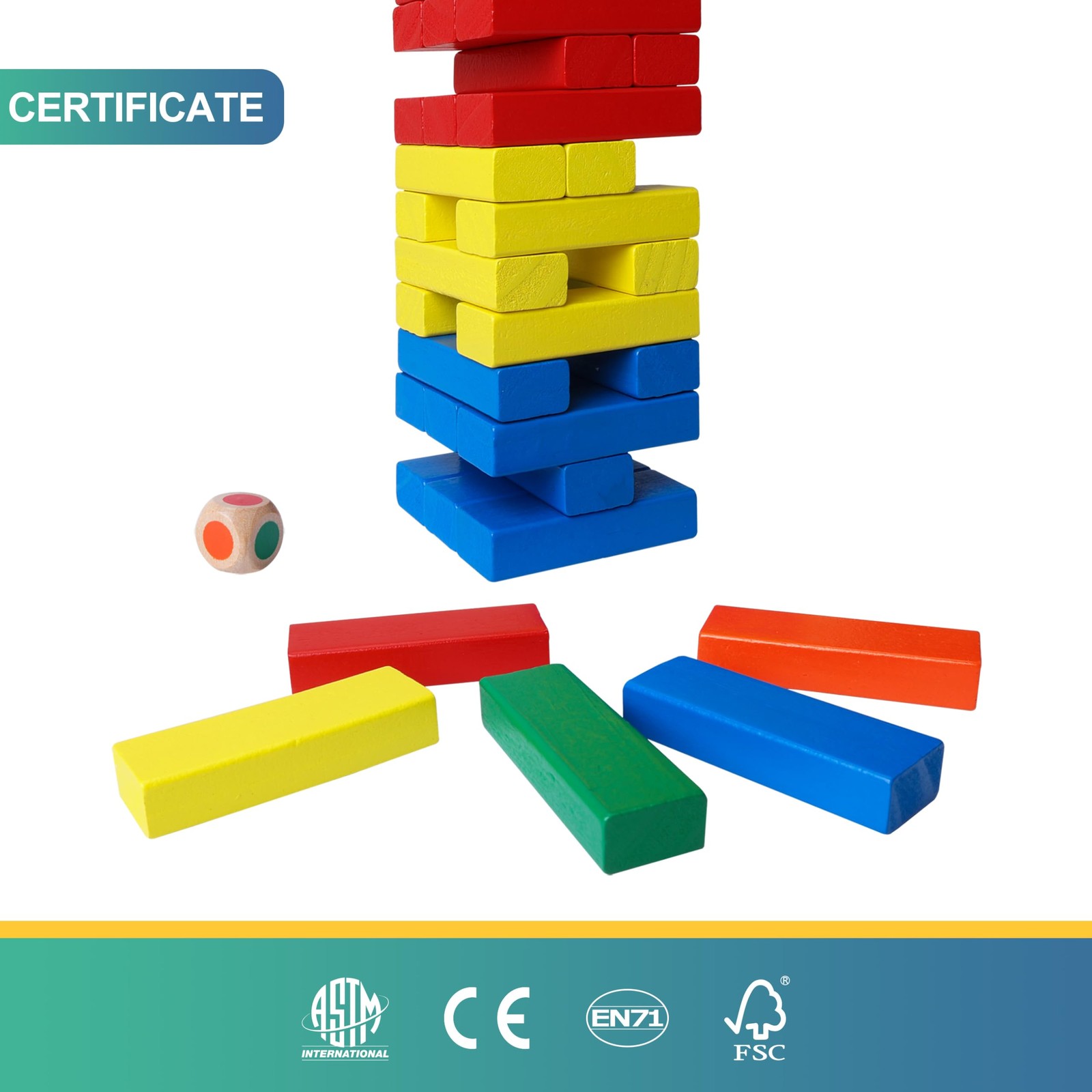 Wooden Blocks Stacking Game with Storage Box, 60PCS Toppling Colorful Tower B…