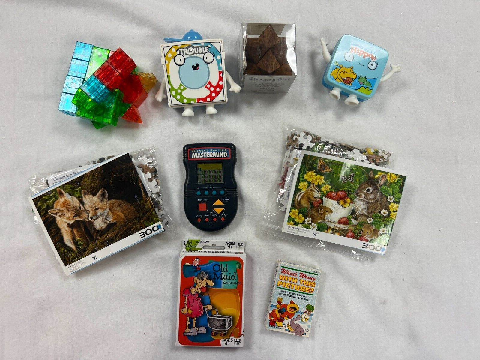 game & puzzle lot Master Mind-Old Maid-2 jigsaw-magnetic blocks- trouble-hippo +