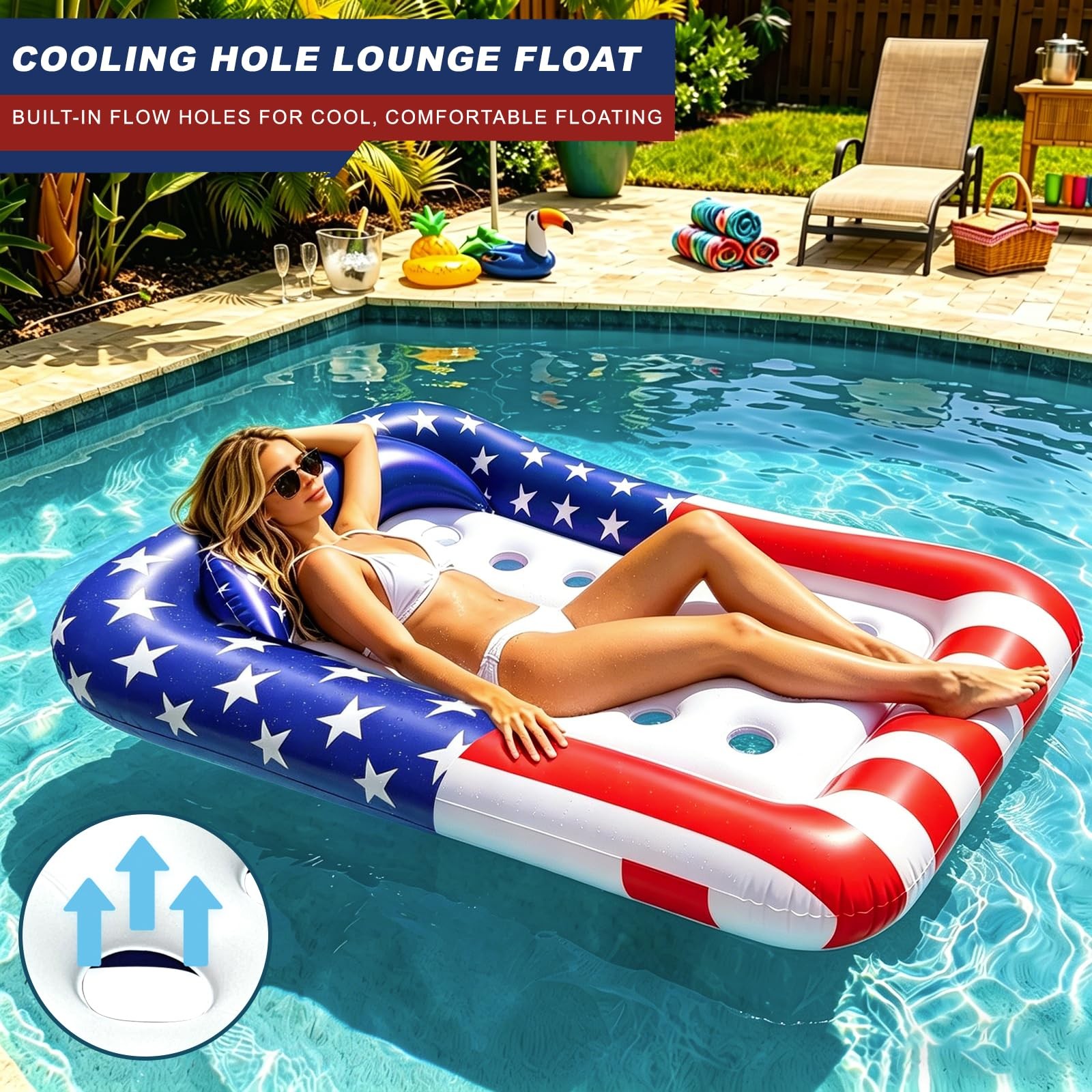 Pool Float 71 X 50 Patriotic American Flag Inflatable Lounger Backrest Floats