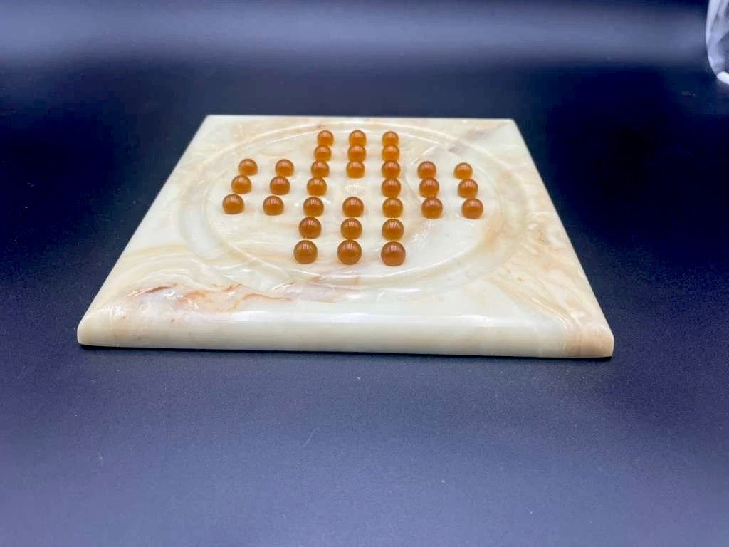 Vintage Onyx Marble Solitaire Board Game Natural Stone 33 Hole Strategy Puzzle