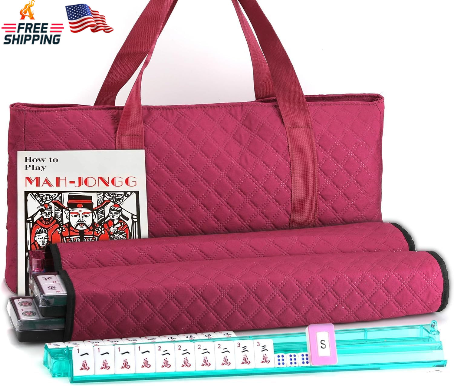 Mose Cafolo American Mahjong Game Set – Red (Burgundy) Quilted Soft Bag – 166 Wh