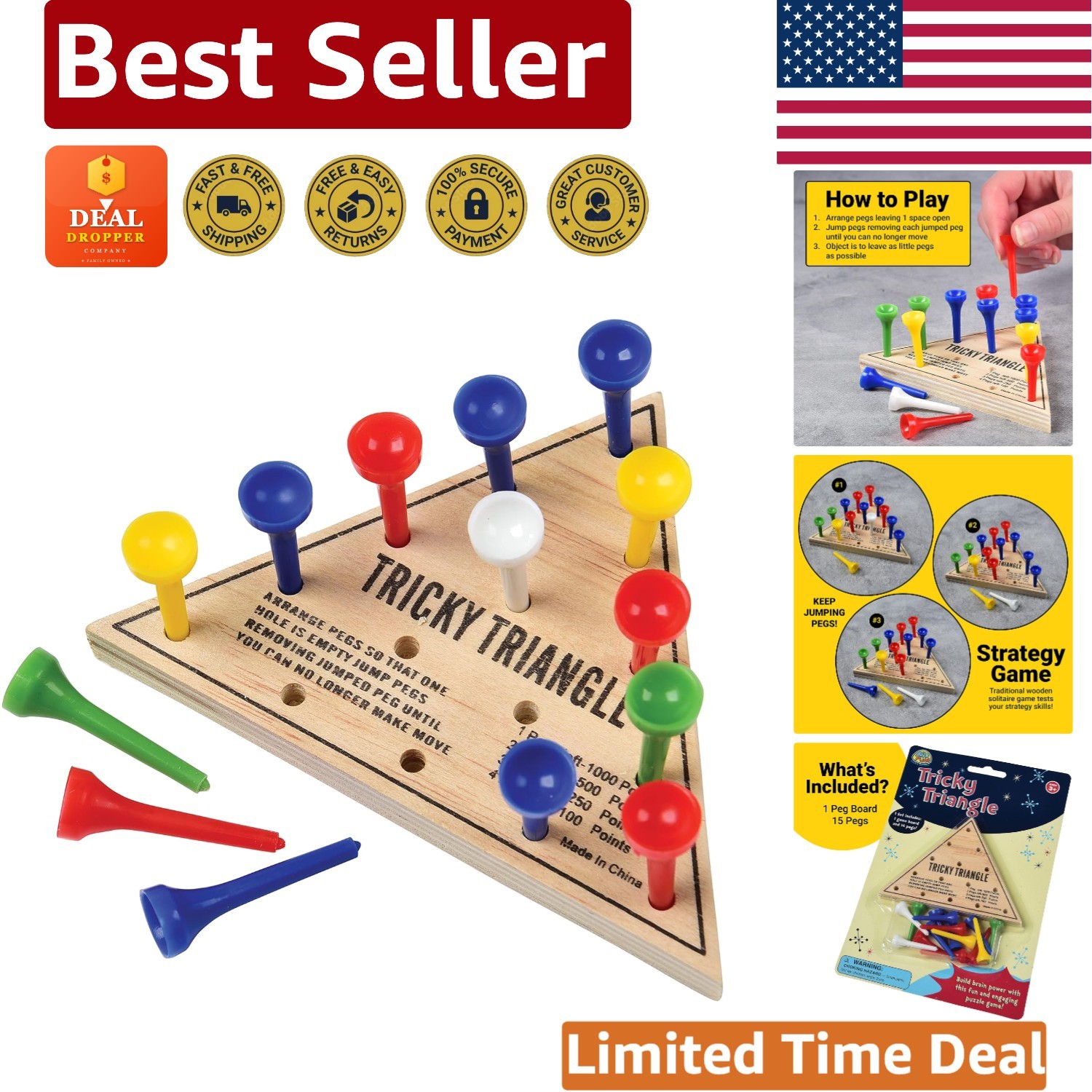 U.S. Toy Tricky Triangle Game – Classic Wood Solitaire for Education and Fun