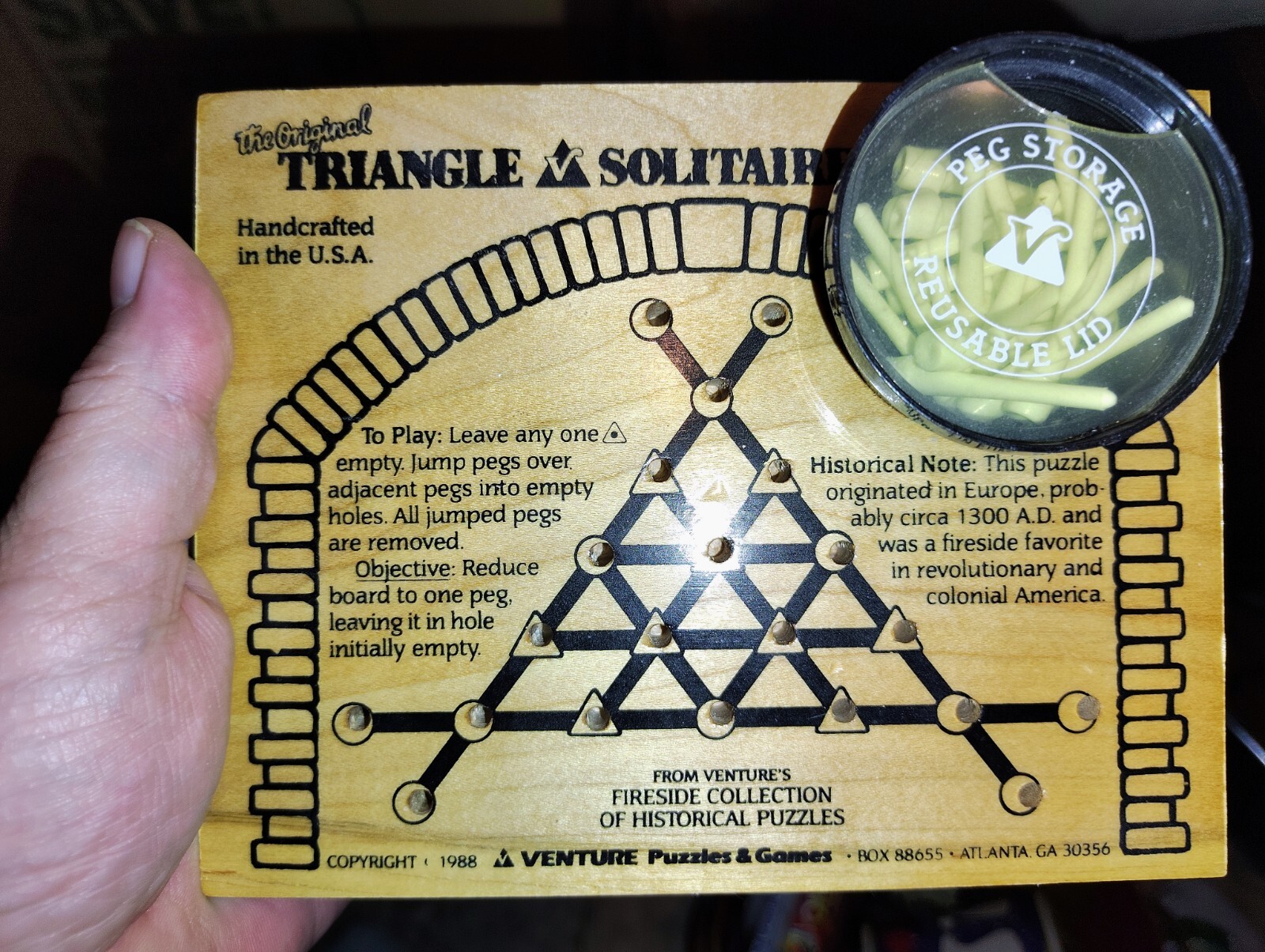 The Original Triangle Solitaire Game Venture’s Fireside 1988 Wood Board