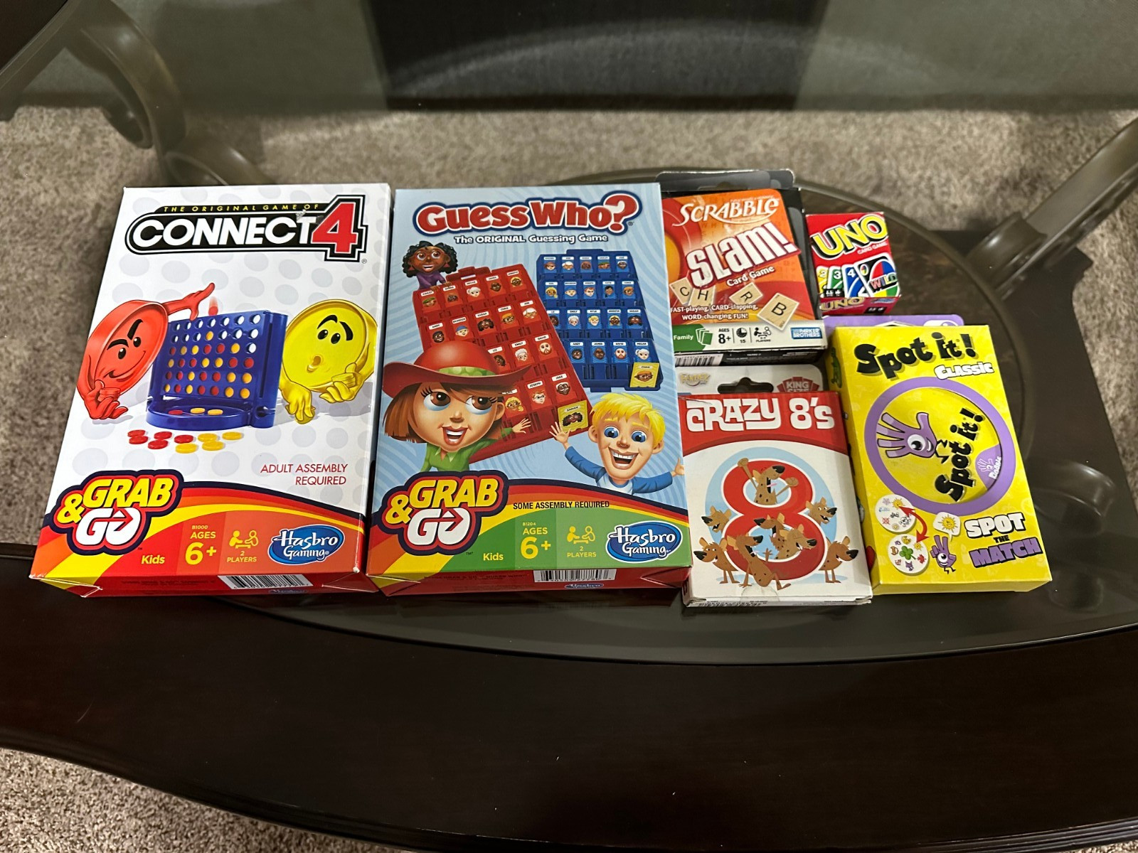 6 CARD & CHIP GAMES Connect 4, Guess Who, Scrabble Slam, Crazy 8’s, Uno, Spot It